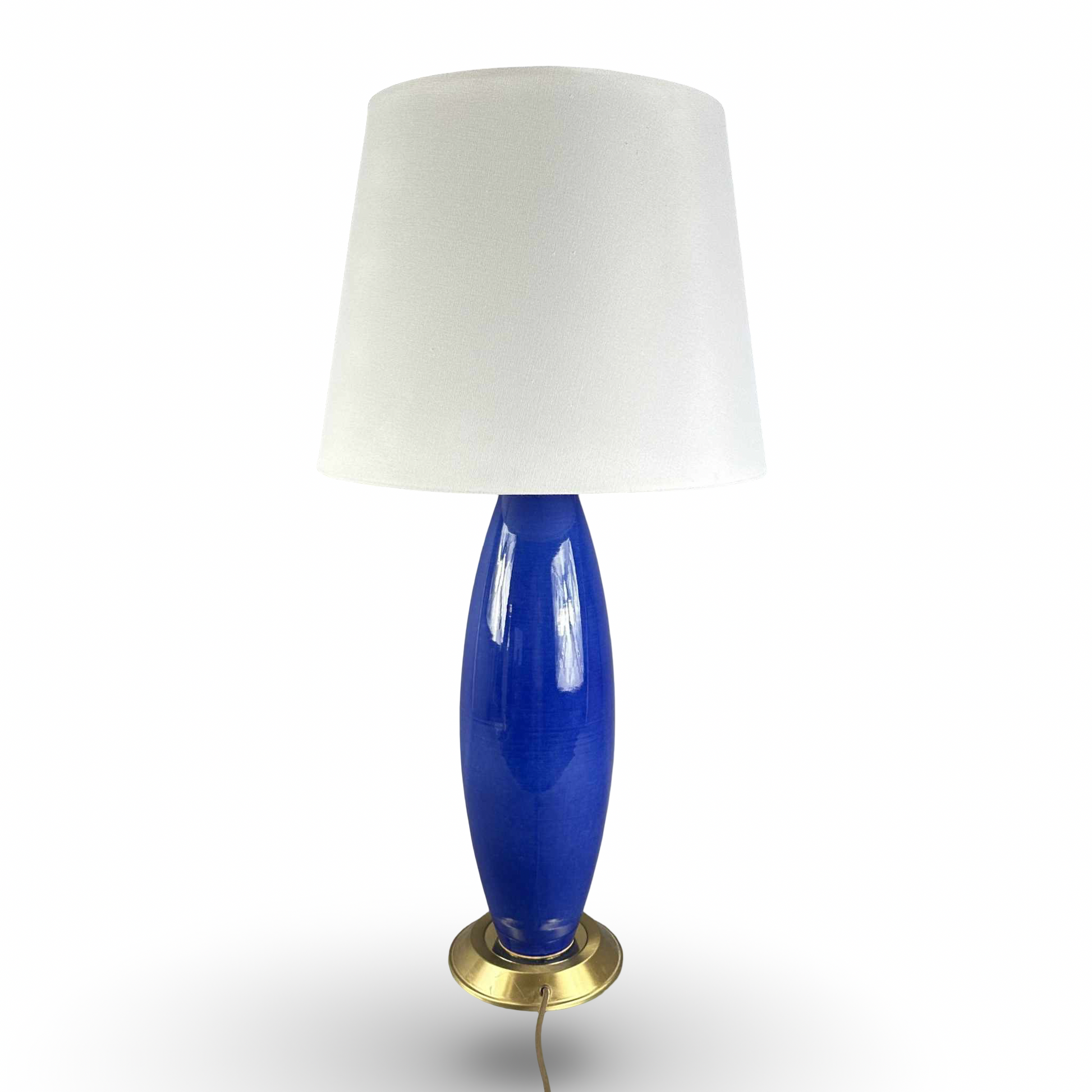 Kobaltblaue Keramik Tischleuchte 70er Jahre mit Messingfuß, vintage Design