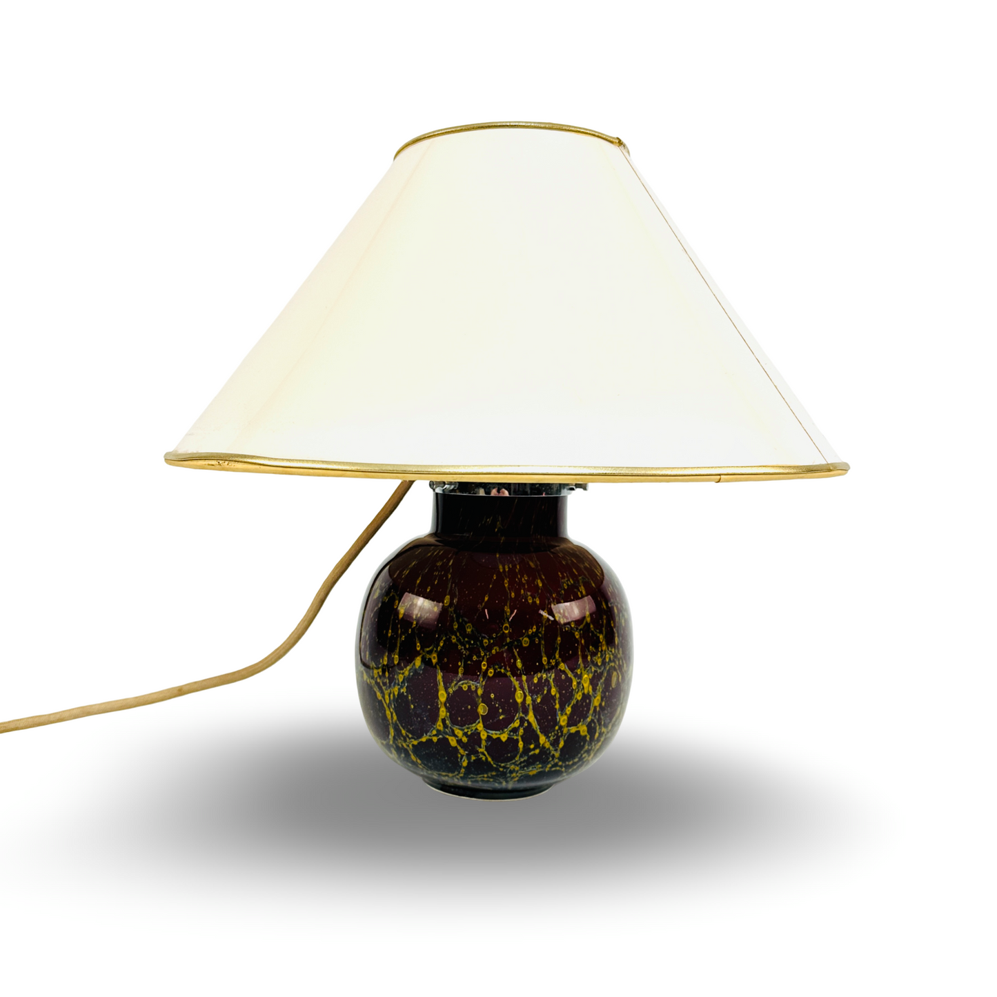 Karl Wiedmann 1950s WMF Ikora crystal table lamp with glowing multi-layered glass sphere and fabric shade