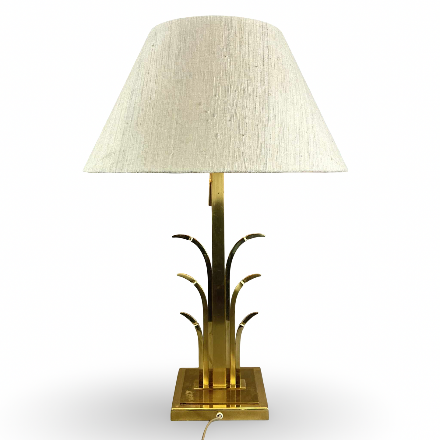 Messing Palmen Tischleuchte im Design der 70er Jahre aus Frankreich mit warmem Messingfinish und zwei E27 Fassungen