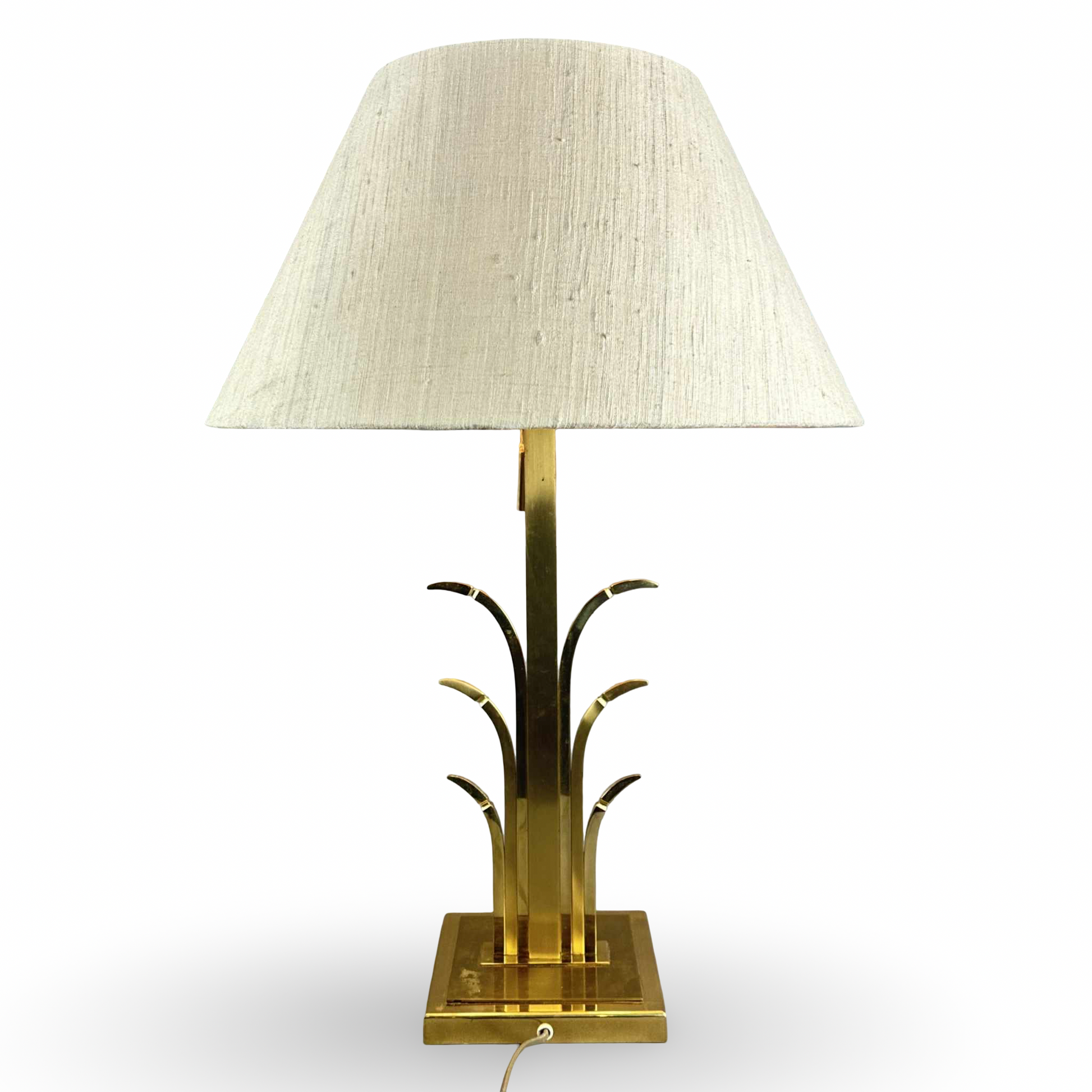 Messing Palmen Tischleuchte im Design der 70er Jahre aus Frankreich mit warmem Messingfinish und zwei E27 Fassungen