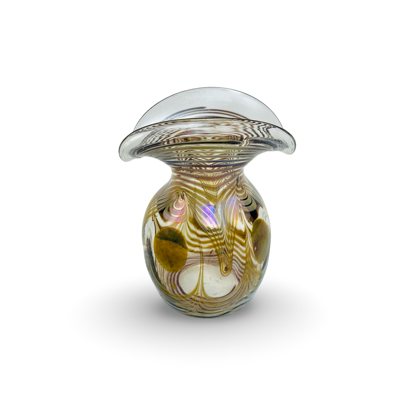 Signierte Glasvase von Erwin Eisch mit Pfauenauge-Motiv, Höhe 16 cm, Durchmesser 9,5 cm, Glashütte Eisch 1987