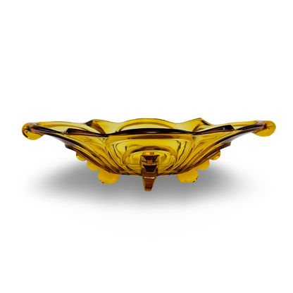 Seitenansicht der bernsteinfarbenen Art-Deco-Pressglasschale Irene von 1937