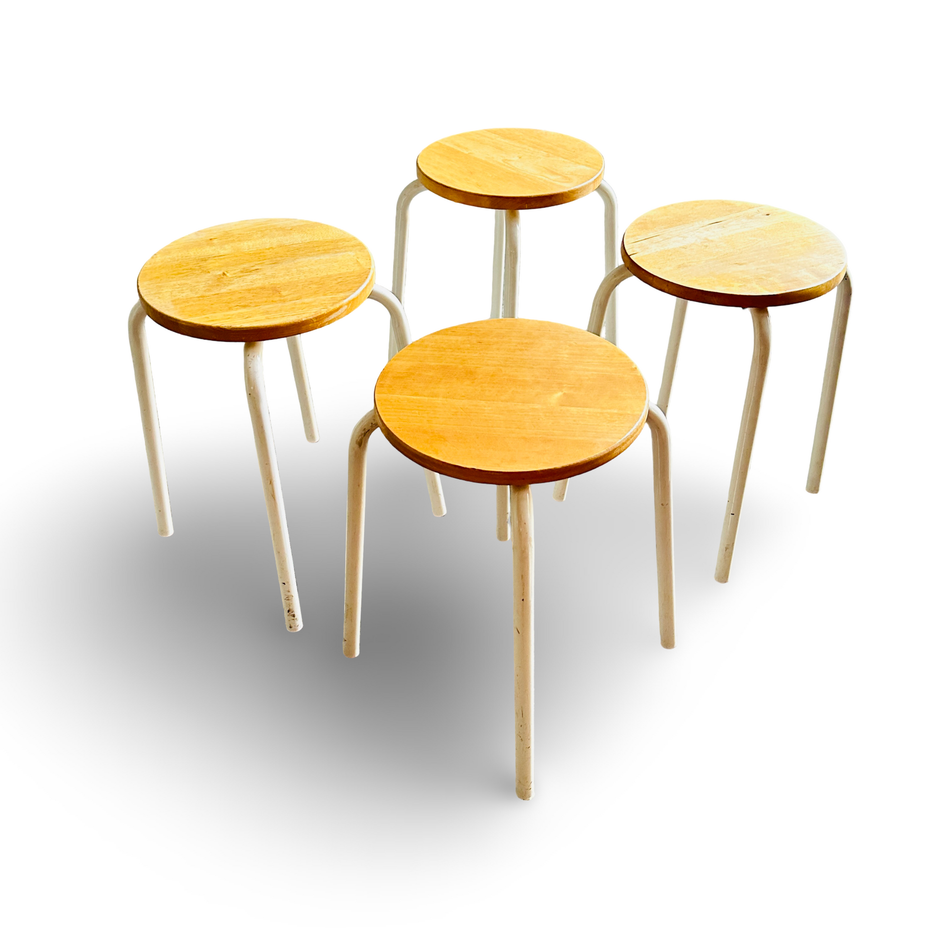 Vintage Hocker aus den 1980er Jahren mit weiß lackiertem Metallgestell und honigfarbenem Holzsitz