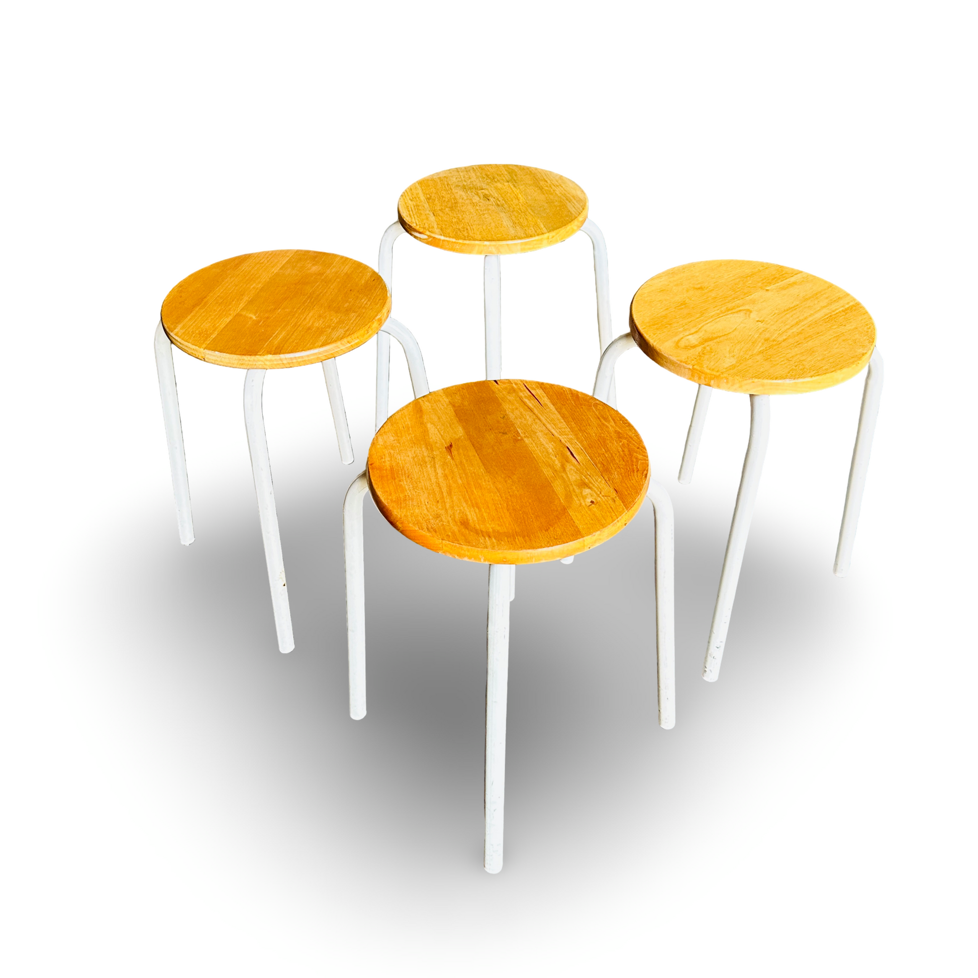 Vintage Hocker mit weiß lackiertem Metallgestell und honigfarbenem Holzsitz aus den 1980er Jahren