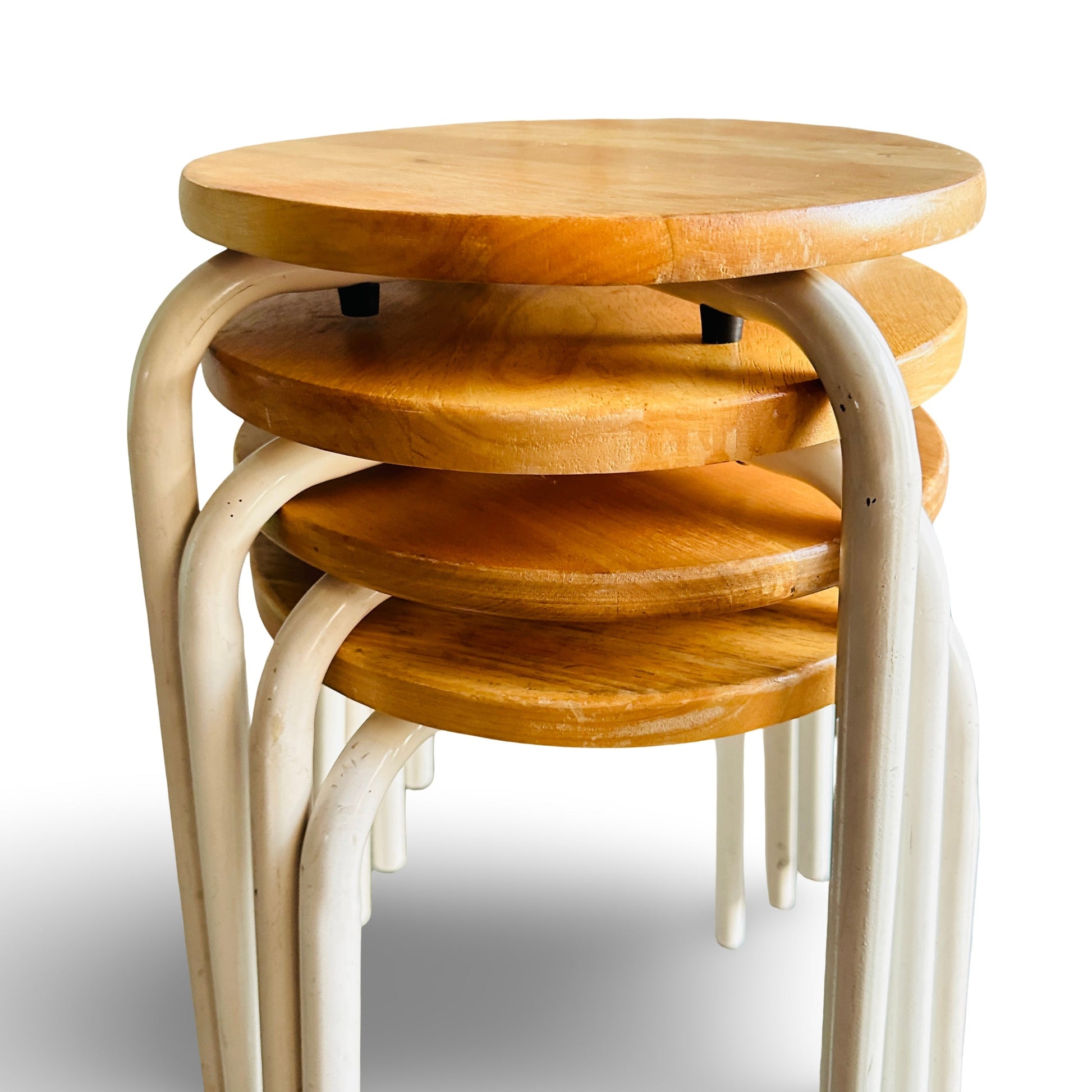 Vintage Hocker aus den 1980er Jahren mit weiß lackiertem Metallgestell und honigfarbenem Holzsitz
