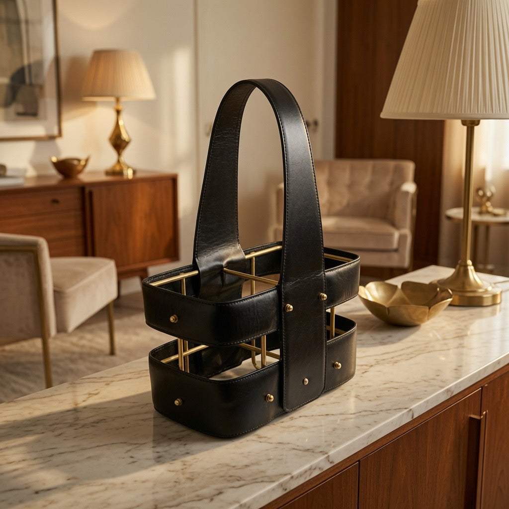 Eleganter 60er Flaschenhalter aus Kunstleder und Messing für zwei Flaschen im Mid-Century-Design