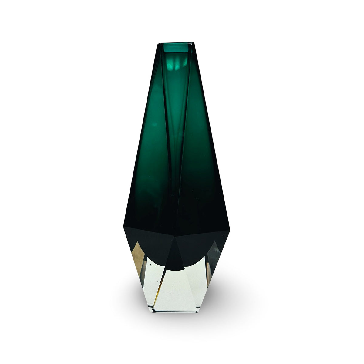 Murano Sommerso-Vase in Flaschengrün mit facettiertem Klarglasfuß, Vintage 1960er/70er, Frontansicht