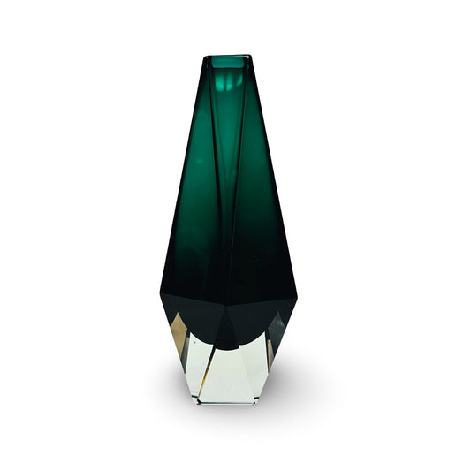 Murano Sommerso-Vase in Flaschengrün mit facettiertem Klarglasfuß, Vintage 1960er/70er, Frontansicht