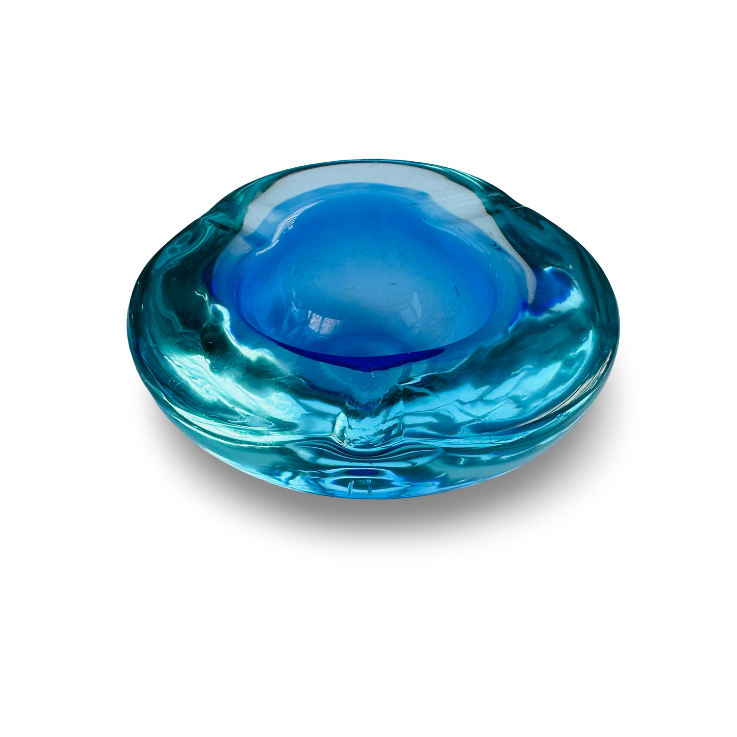 Blauer Murano Aschenbecher aus den 1970er Jahren, Durchmesser 10,5 cm, Höhe 4,5 cm, guter Zustand