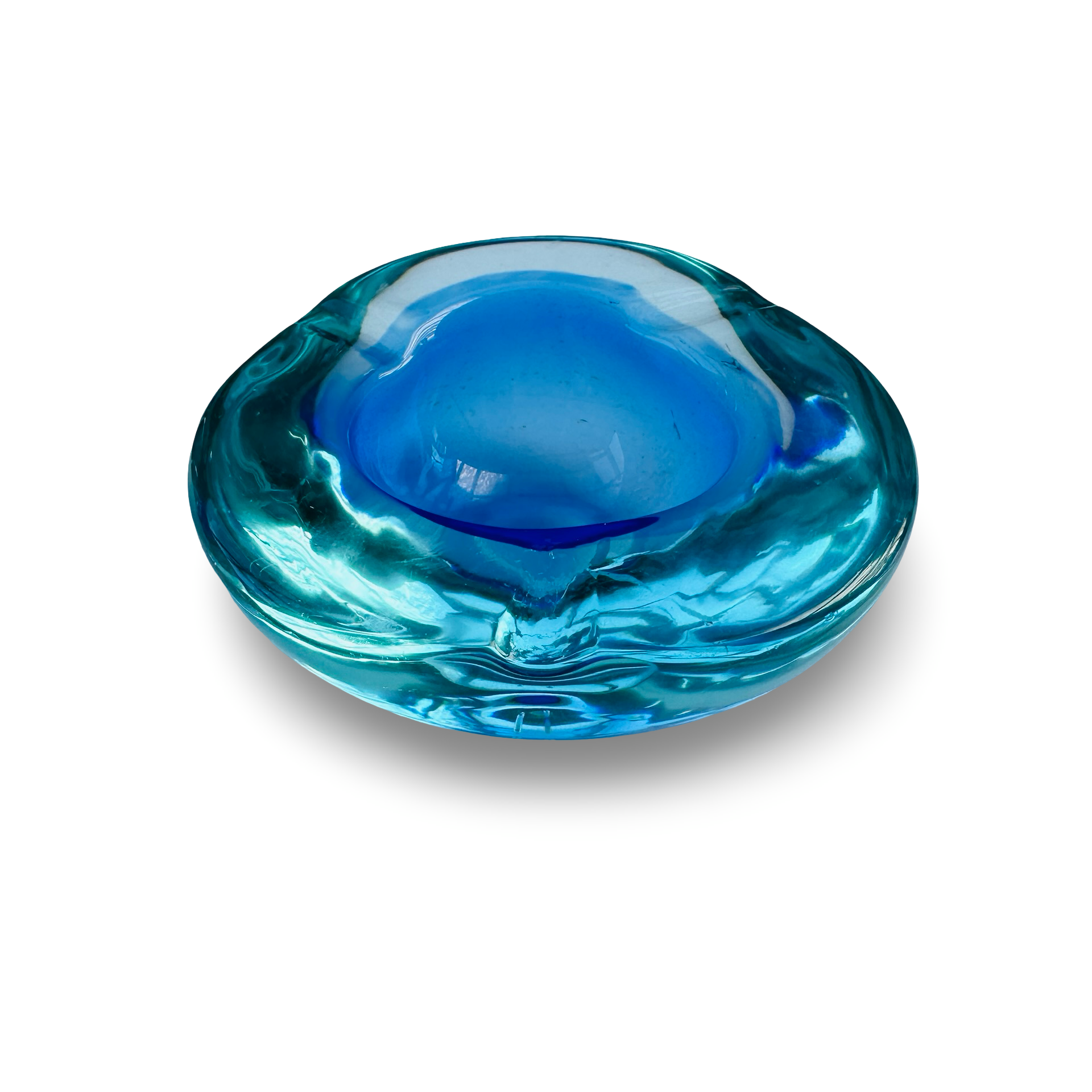 Blauer Murano Aschenbecher aus den 1970er Jahren, Durchmesser 10,5 cm, Höhe 4,5 cm, guter Zustand