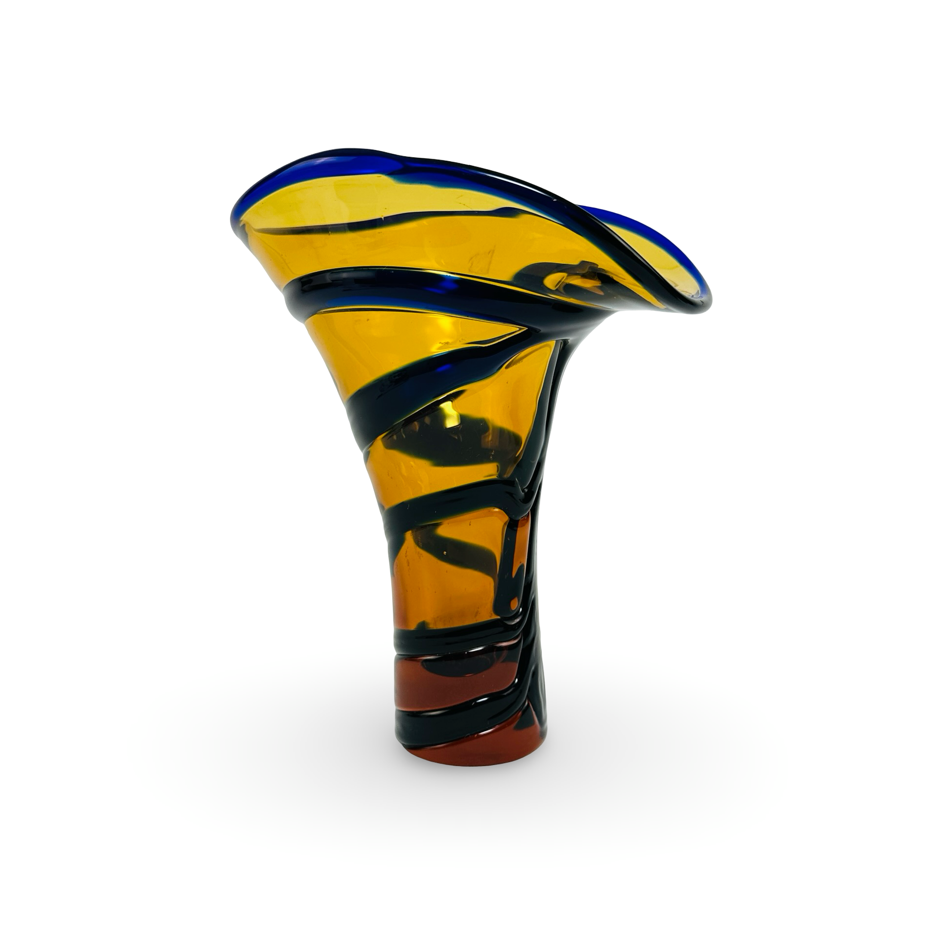 gelb blaue Murano Glas Vase twisted Carlo Moretti 60er Jahre mit Restlabel, 21,5 cm hoch, sehr guter Zustand
