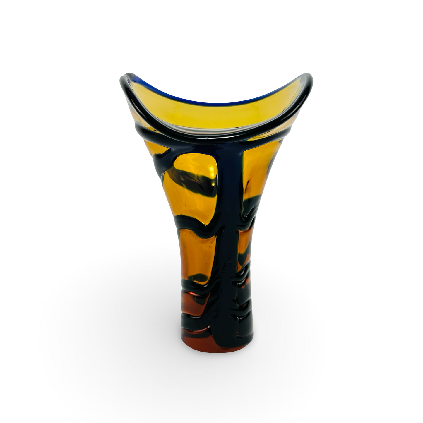 gelb blaue Murano Glas Vase twisted Carlo Moretti 60er Jahre mit Restetikett in sehr gutem Zustand