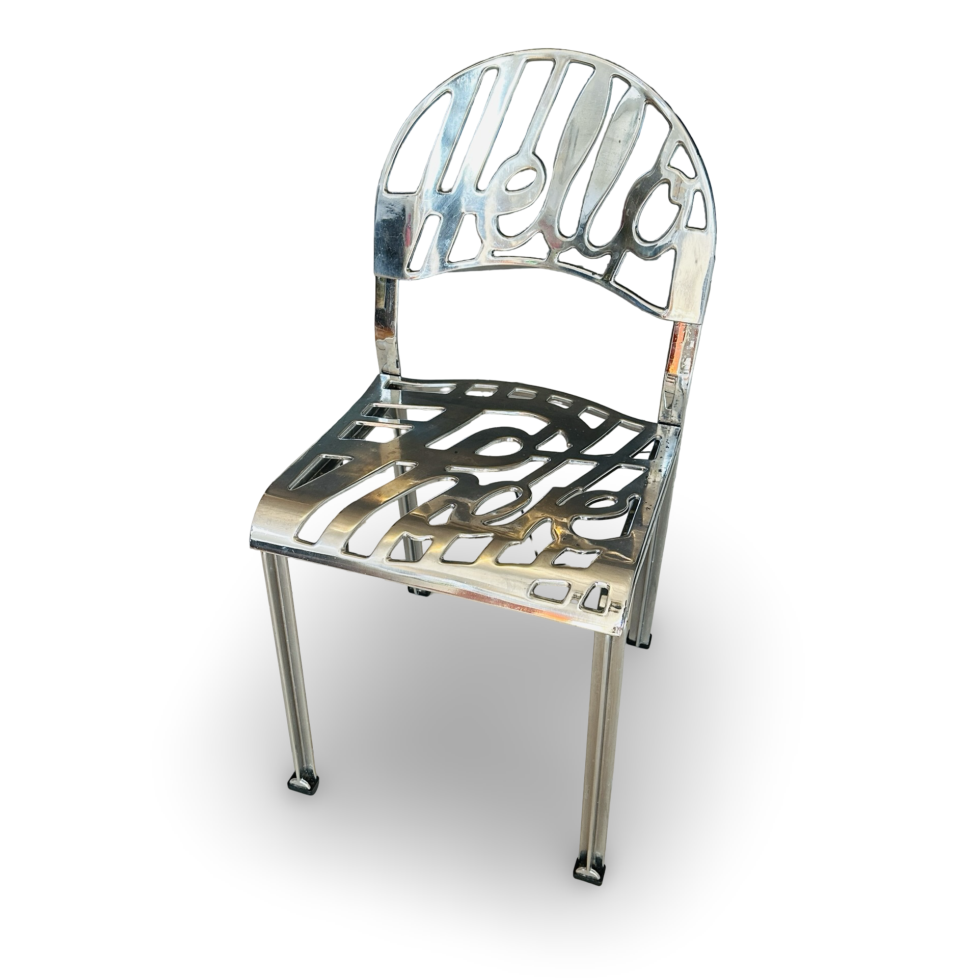 Artifort Hello There Chair verchromt 1978 mit ausgeschnittenem Schriftzug in Aluminium