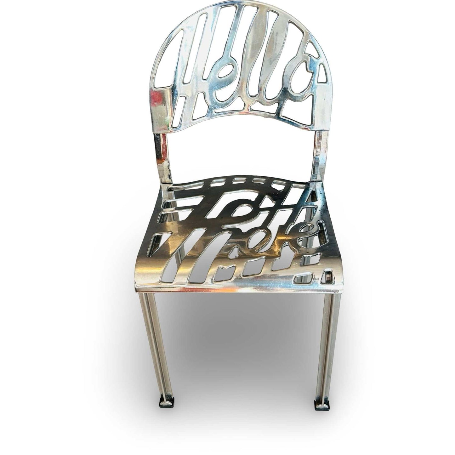 Artifort Hello There Chair verchromt von Jeremy Harvey 1978 mit ausgeschnittenem Schriftzug