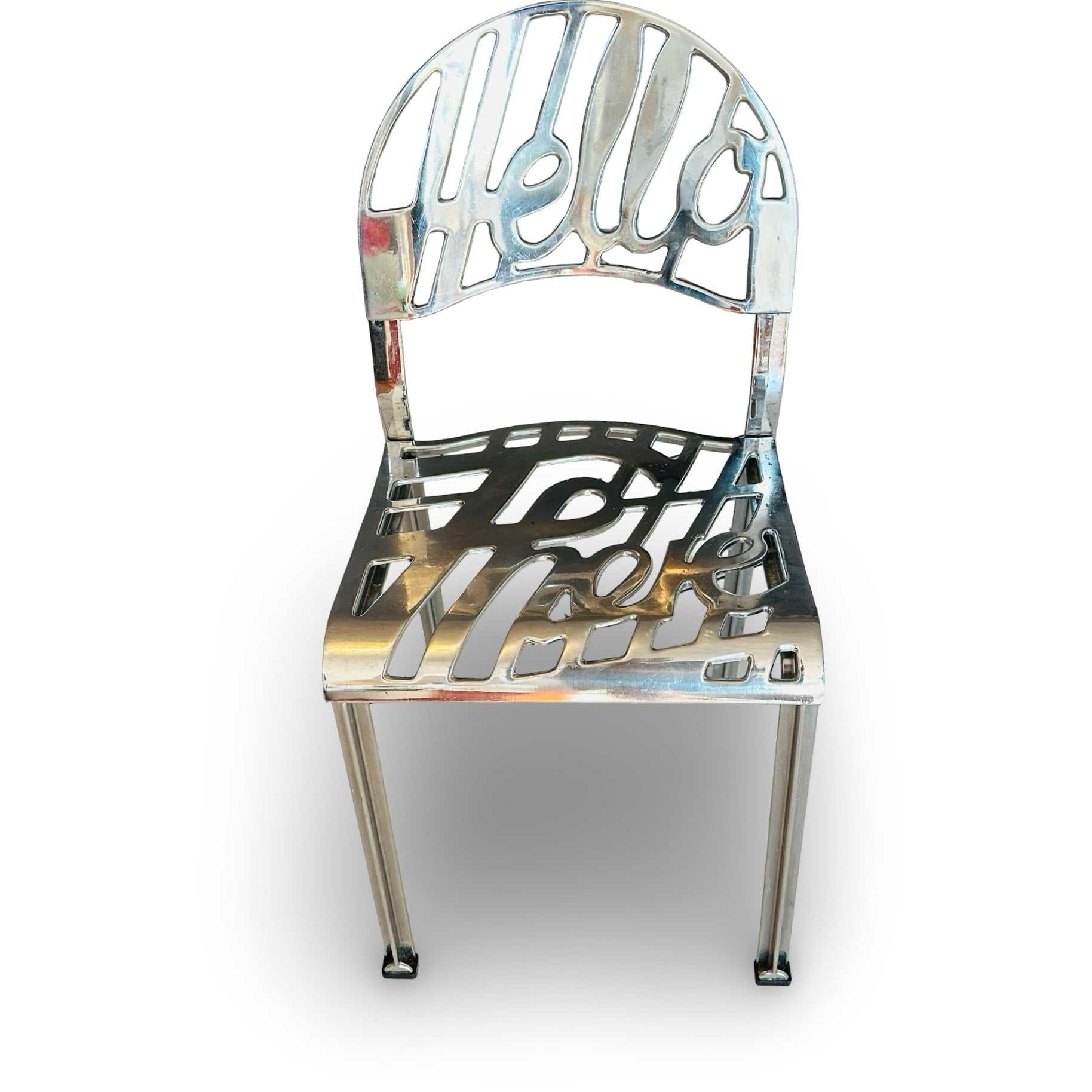 Artifort Hello There Chair verchromt von Jeremy Harvey 1978 mit ausgeschnittenem Schriftzug