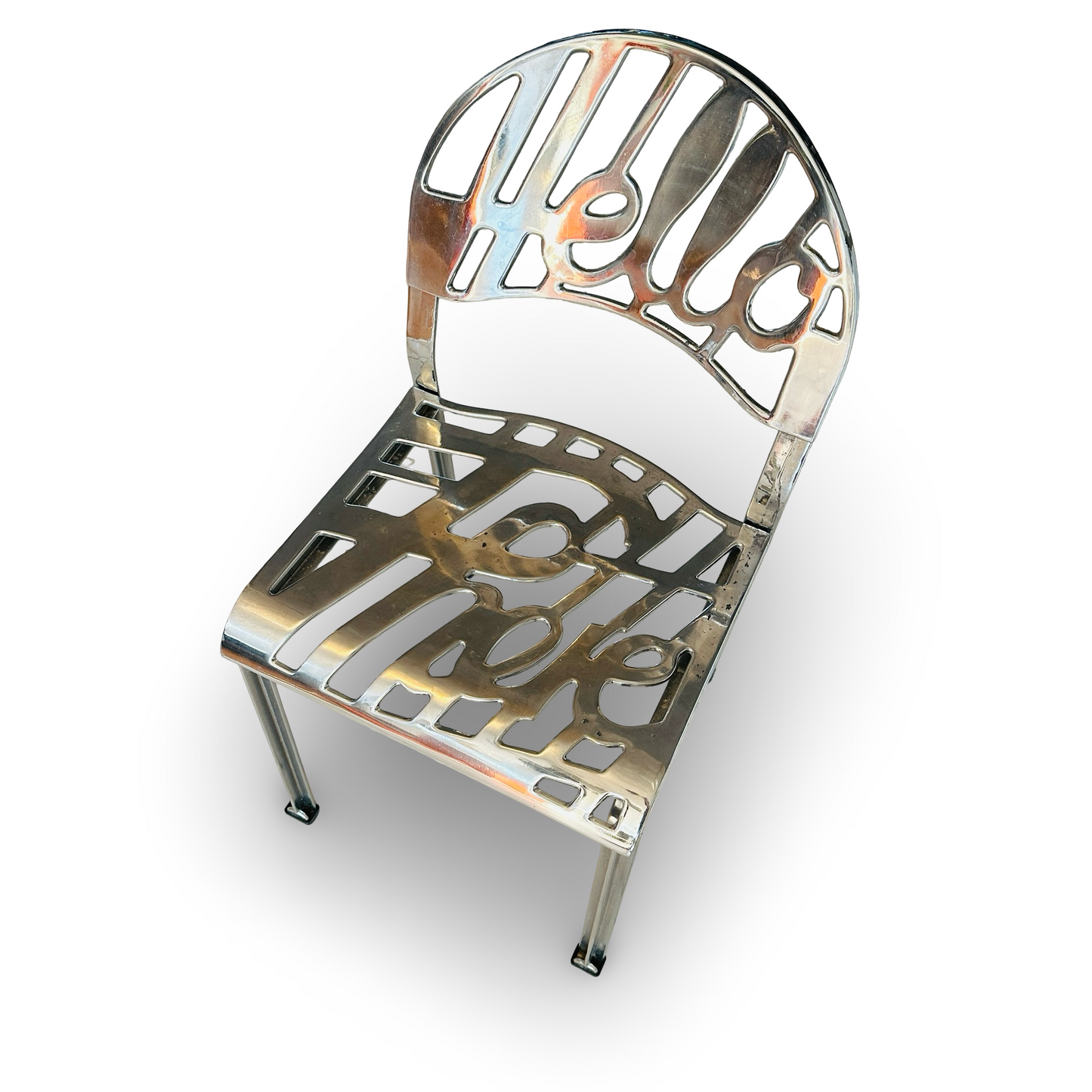 Artifort Hello There Chair verchromt von 1978 mit ausgeschnittenem Schriftzug und Patina