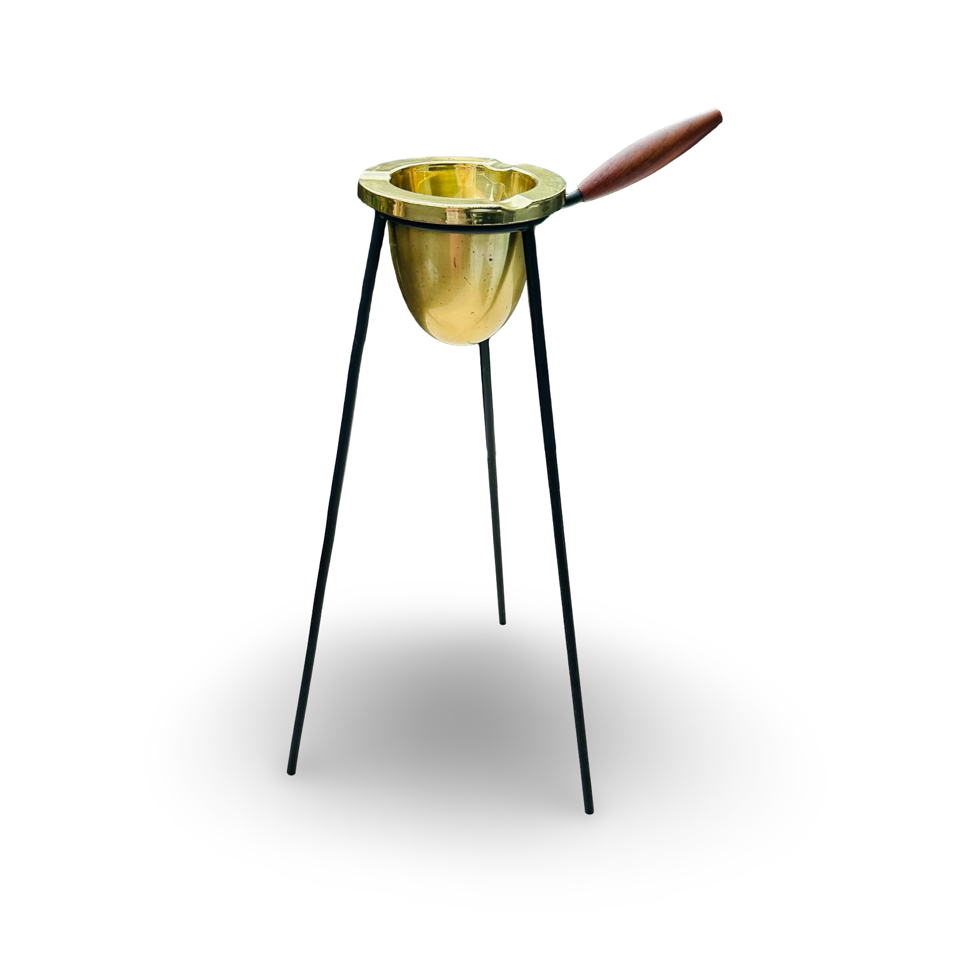 50er Messing und Metall Standaschenbecher mit Teak Griff, vintage Patina, 53 cm hoch