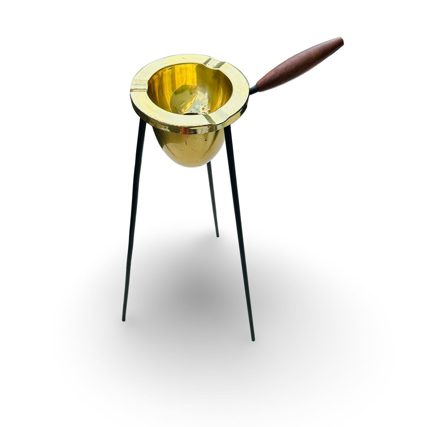 50er Standaschenbecher aus Messing, Metall und Teak mit Griff, vintage Patina, 53 cm hoch