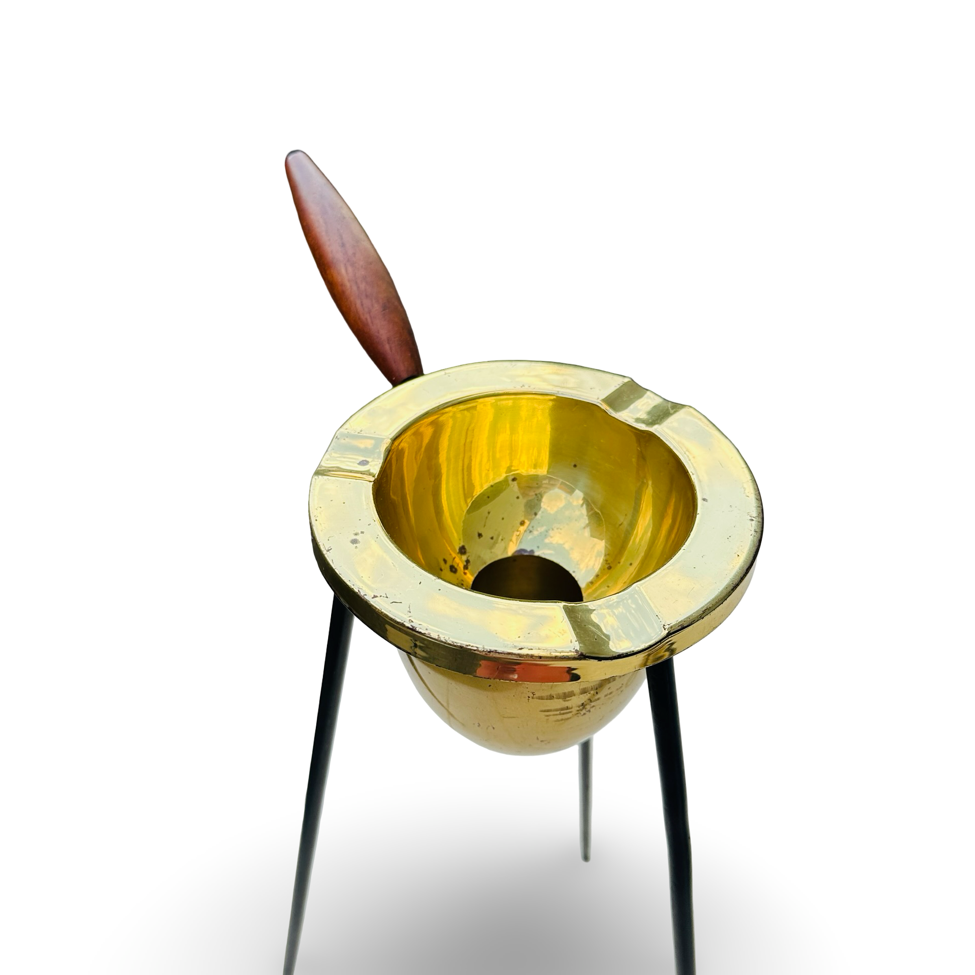 50er Standaschenbecher aus Messing, Metall und Teak mit Patina und Teakgriff, 53 cm hoch