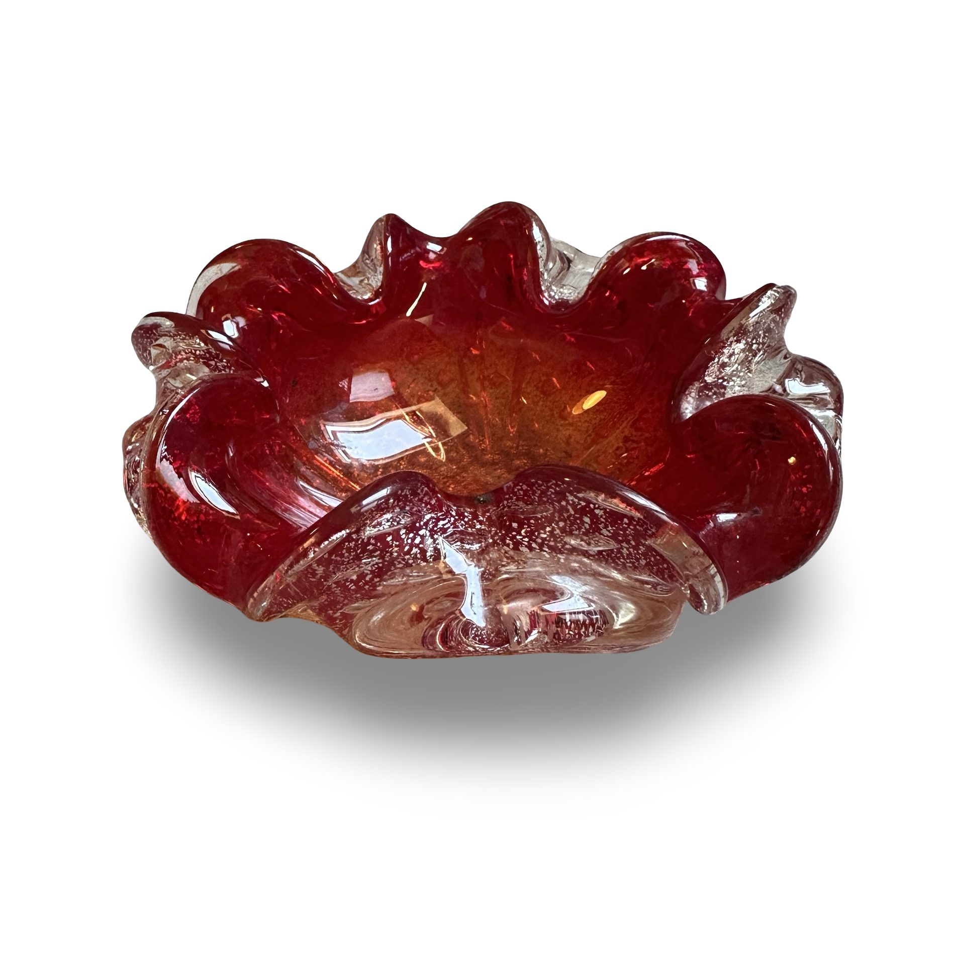 Murano-Schale rubinrot mit Silberfoil und Bullicante, rustikale venezianische Glas-Kunst der 1960er Jahre