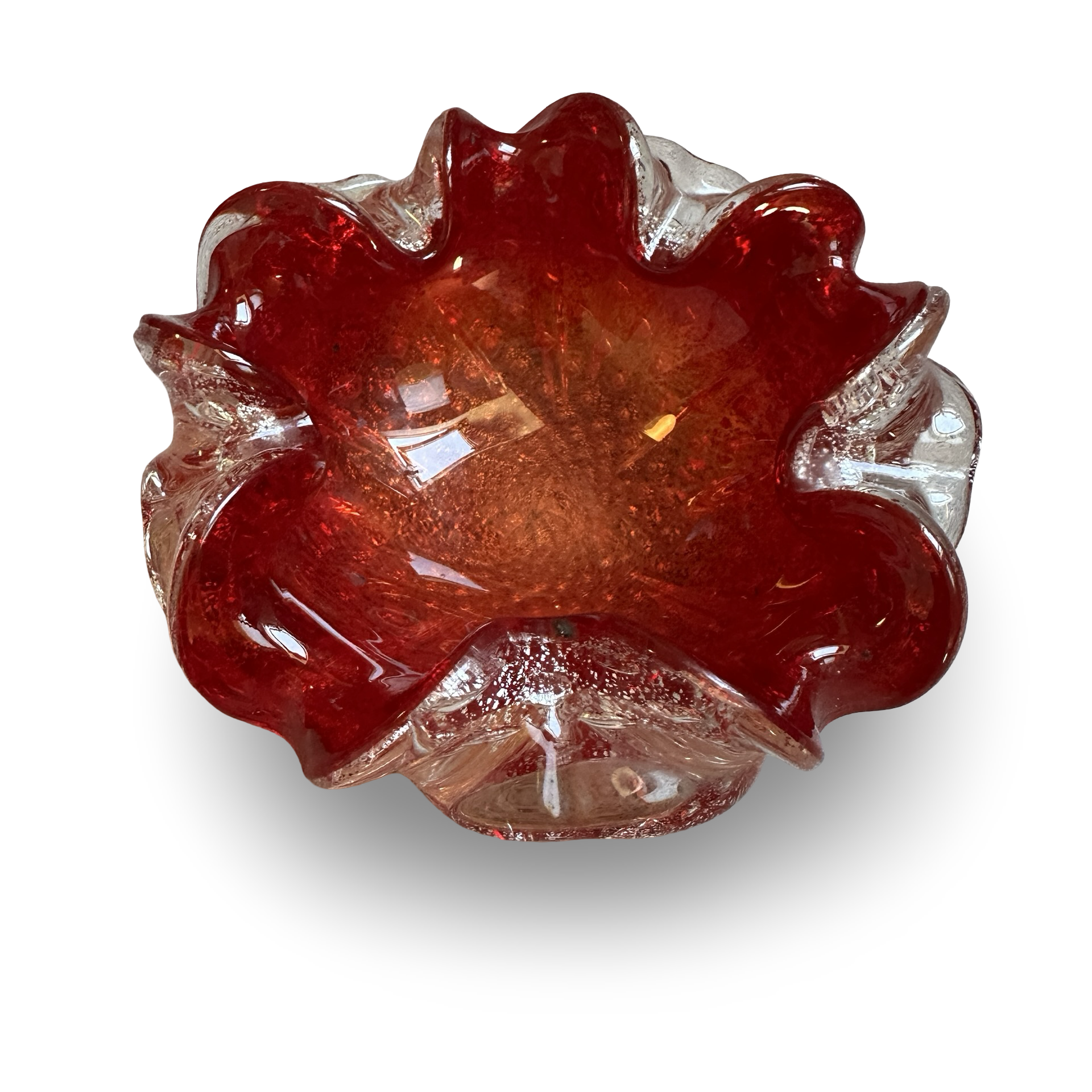 Murano-Schale rubinrot mit Silberfoil und Bullicante-Blasen im Barovier & Toso Stil der 1960er Jahre