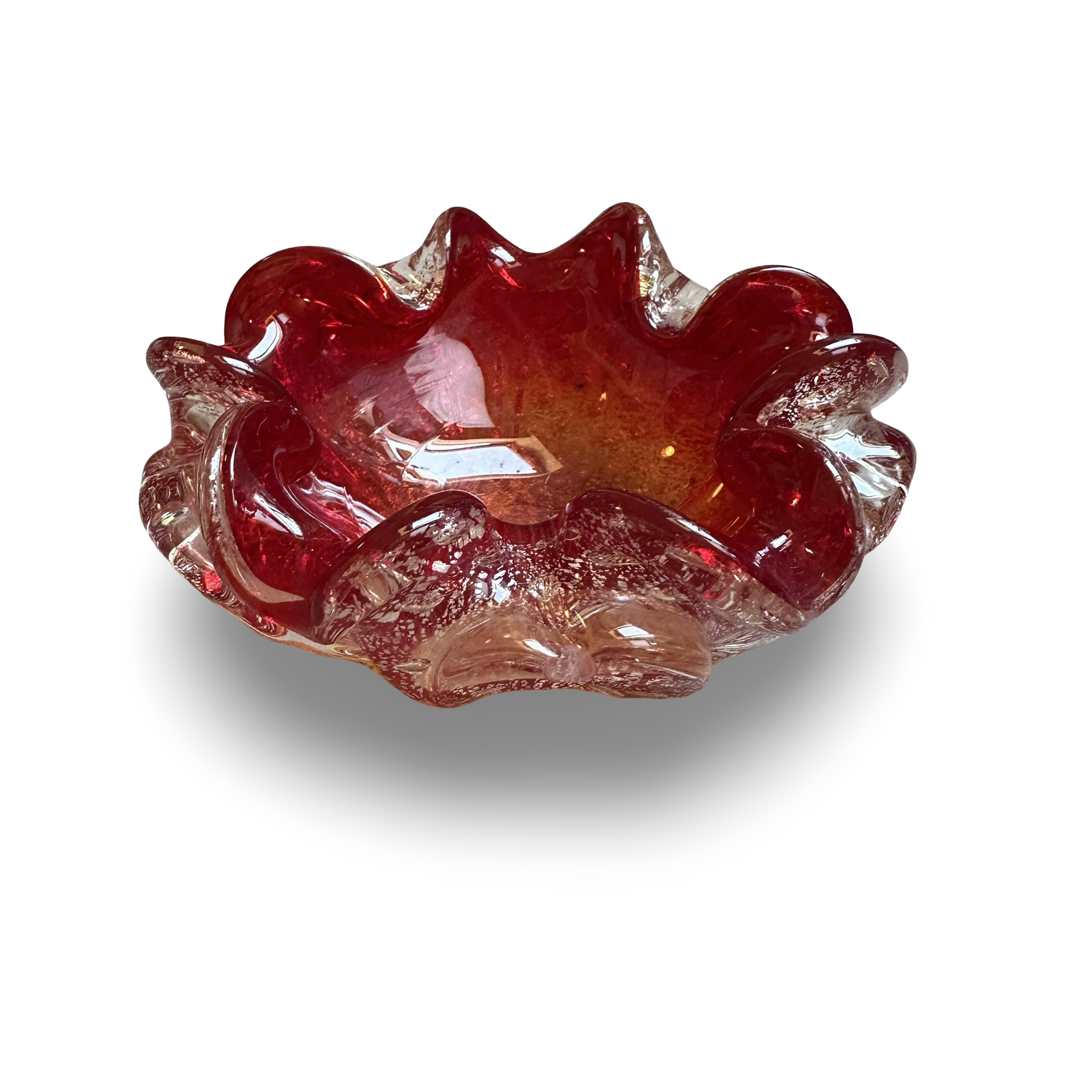 Murano-Schale rubinrot mit Silberfoil und Bullicante im Barovier & Toso Stil der 1960er/70er Jahre