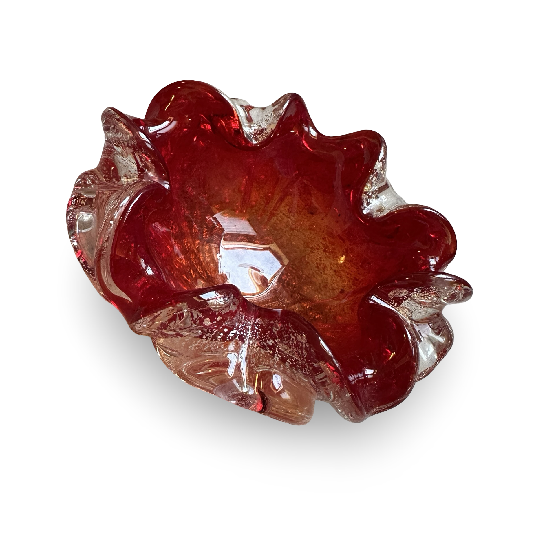 Murano-Schale rubinrot mit Silberfoil und Bullicante im Barovier & Toso Stil der 1960er/70er Jahre