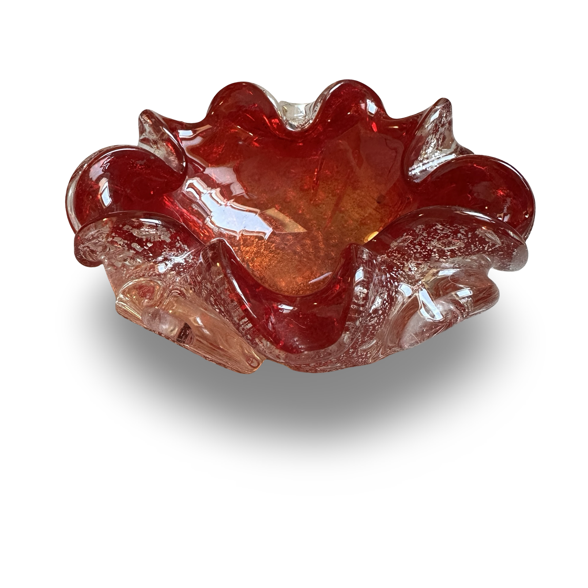 Murano-Schale rubinrot mit Silberfoil und Bullicante, venezianisches Kunstglas der 1960er Jahre