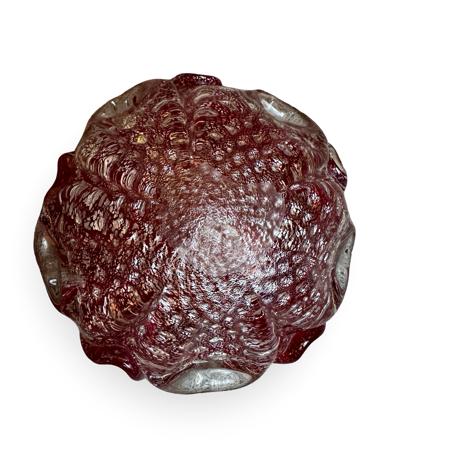 Murano-Schale rubinrot mit Silberfoil und Bullicante-Blasen im Barovier & Toso Stil der 1960er Jahre