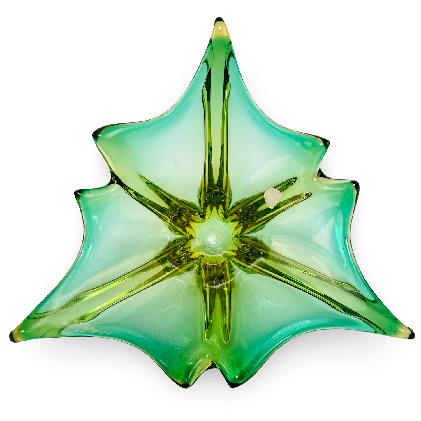 Murano Sommerso-Schale in Grün und Gelb mit Splash-Form und originalem Etikettrest aus den 1960er/70er Jahren