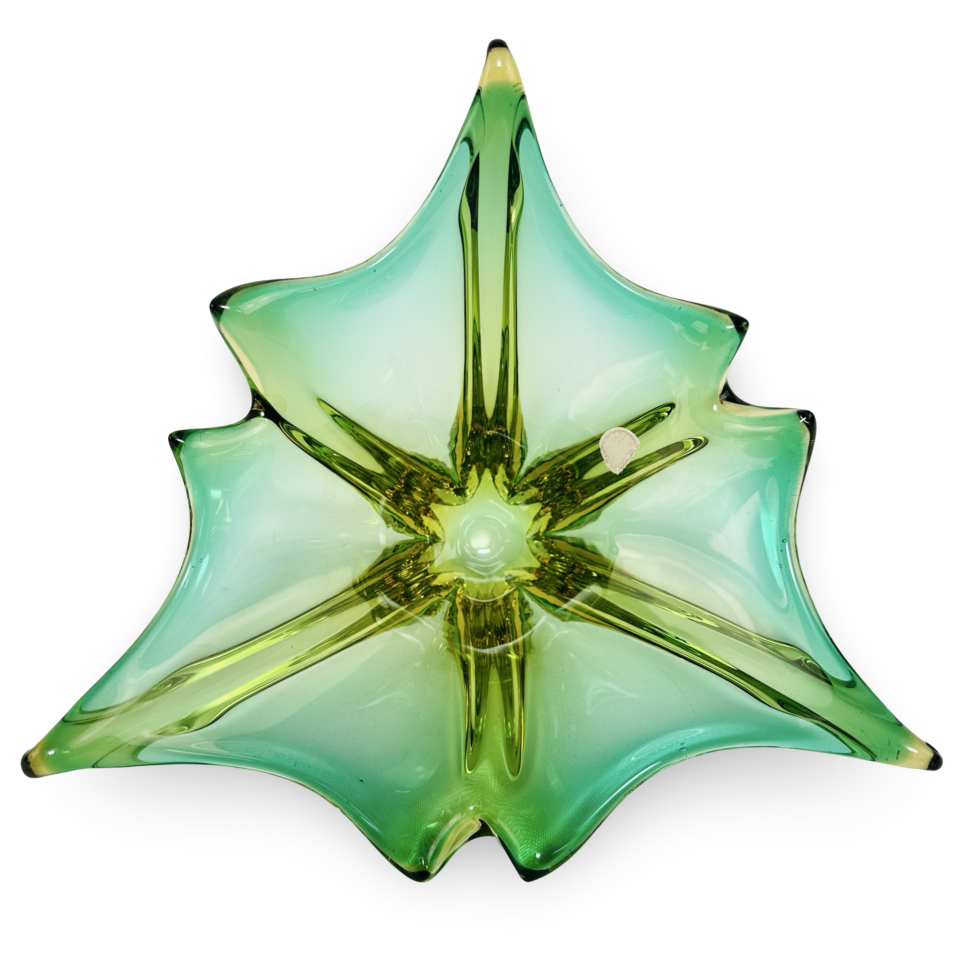 Murano Sommerso-Schale in Grün und Gelb mit Splash-Form und originalem Etikettrest aus den 1960er/70er Jahren