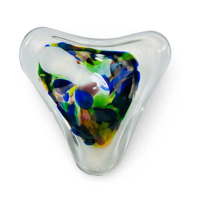 Rückansicht der transparenten Murano-Schale mit farbigen Murrinen im Glas, 1960er
