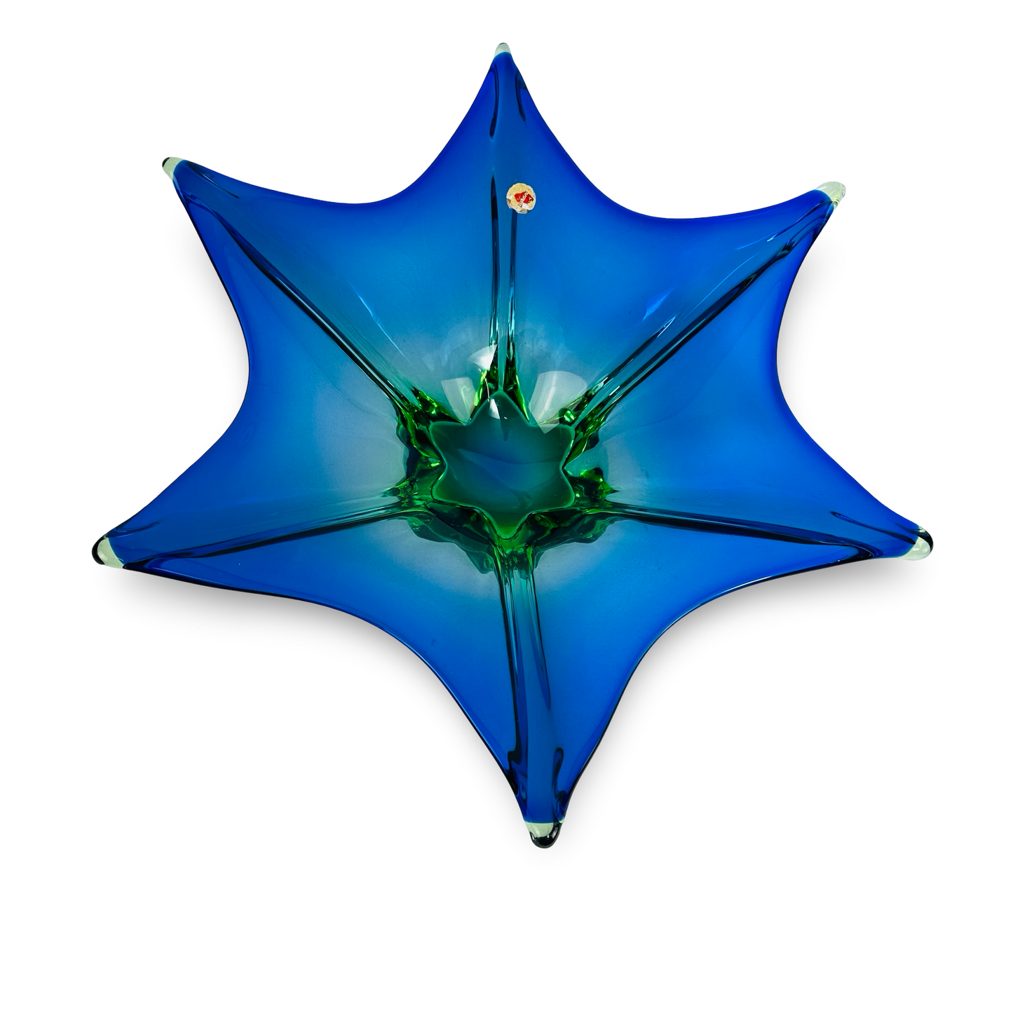 Murano Sommerso Sternschale aus Kobalt und Uran-Grün mit sechs Zipfeln, 41,5 cm, 1960er/70er Jahre