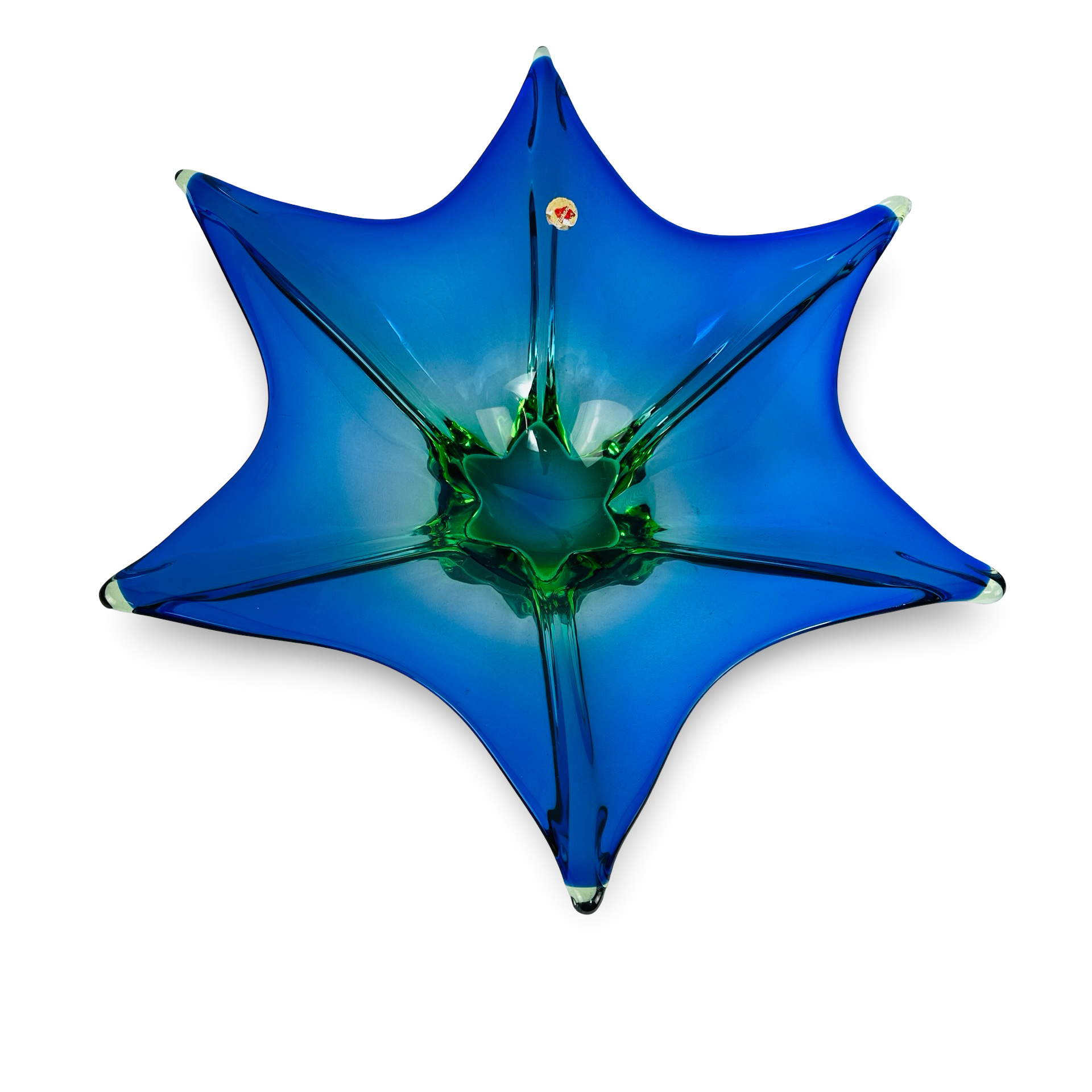 Murano Sommerso Sternschale aus Kobalt und Uran-Grün mit sechs Zipfeln, 41,5 cm, 1960er/70er Jahre