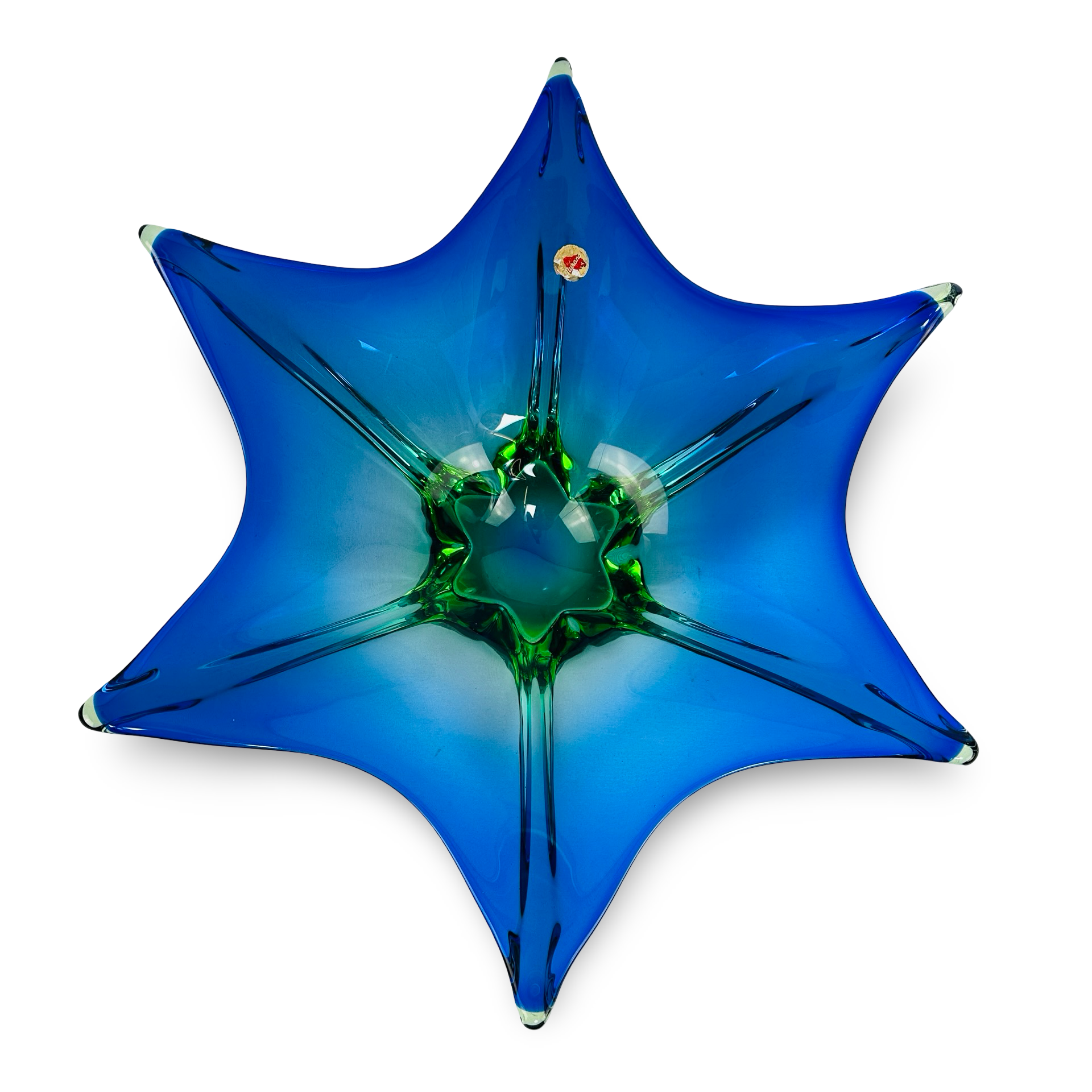 Murano Sommerso Sternschale aus Kobalt und Uran-Grün, sechs Zipfel, 41,5 cm, 1960er/70er Jahre