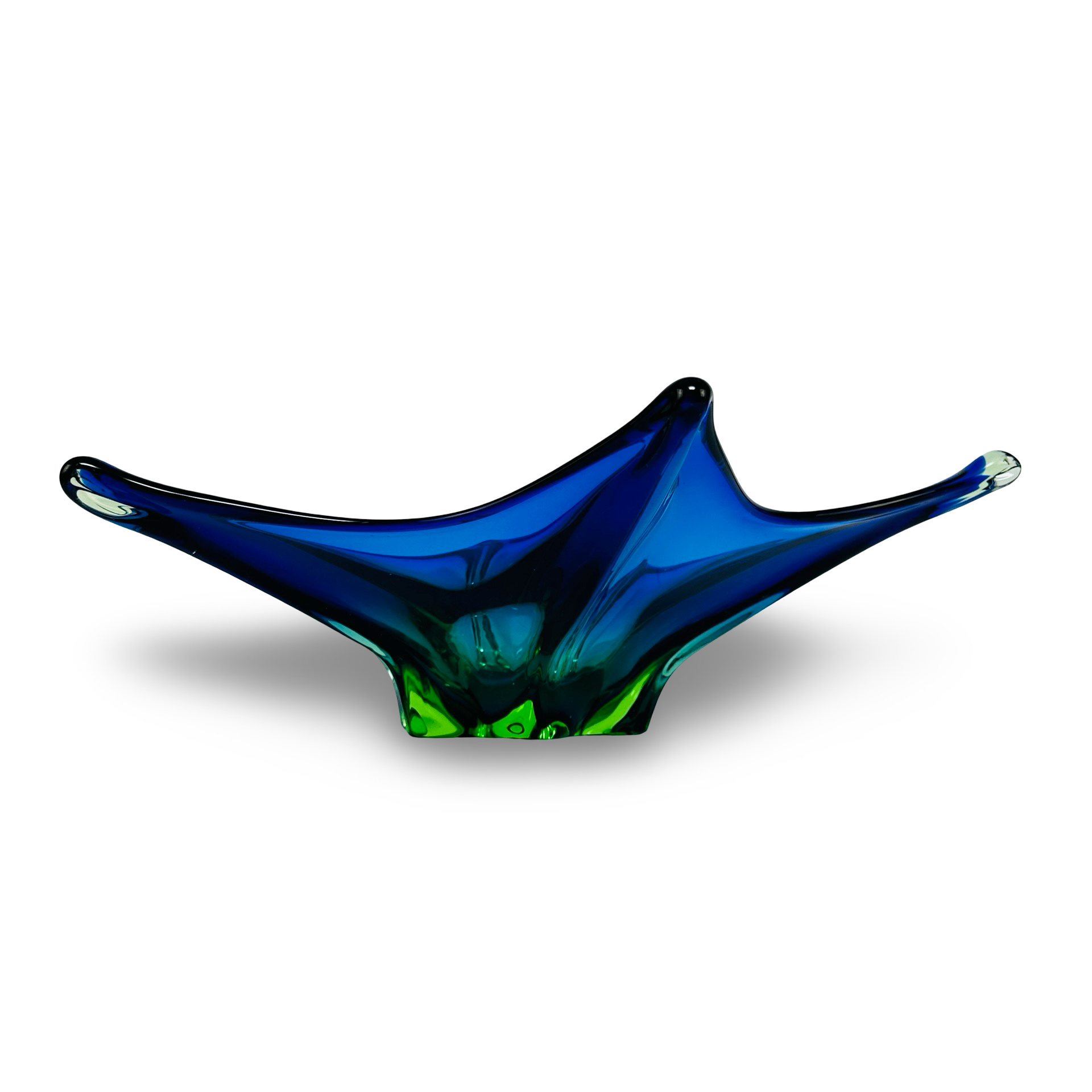 Murano Sommerso Sternschale aus Kobalt und Uran-Grün mit sechs Zipfeln, 41,5 cm, 1960er/70er Jahre