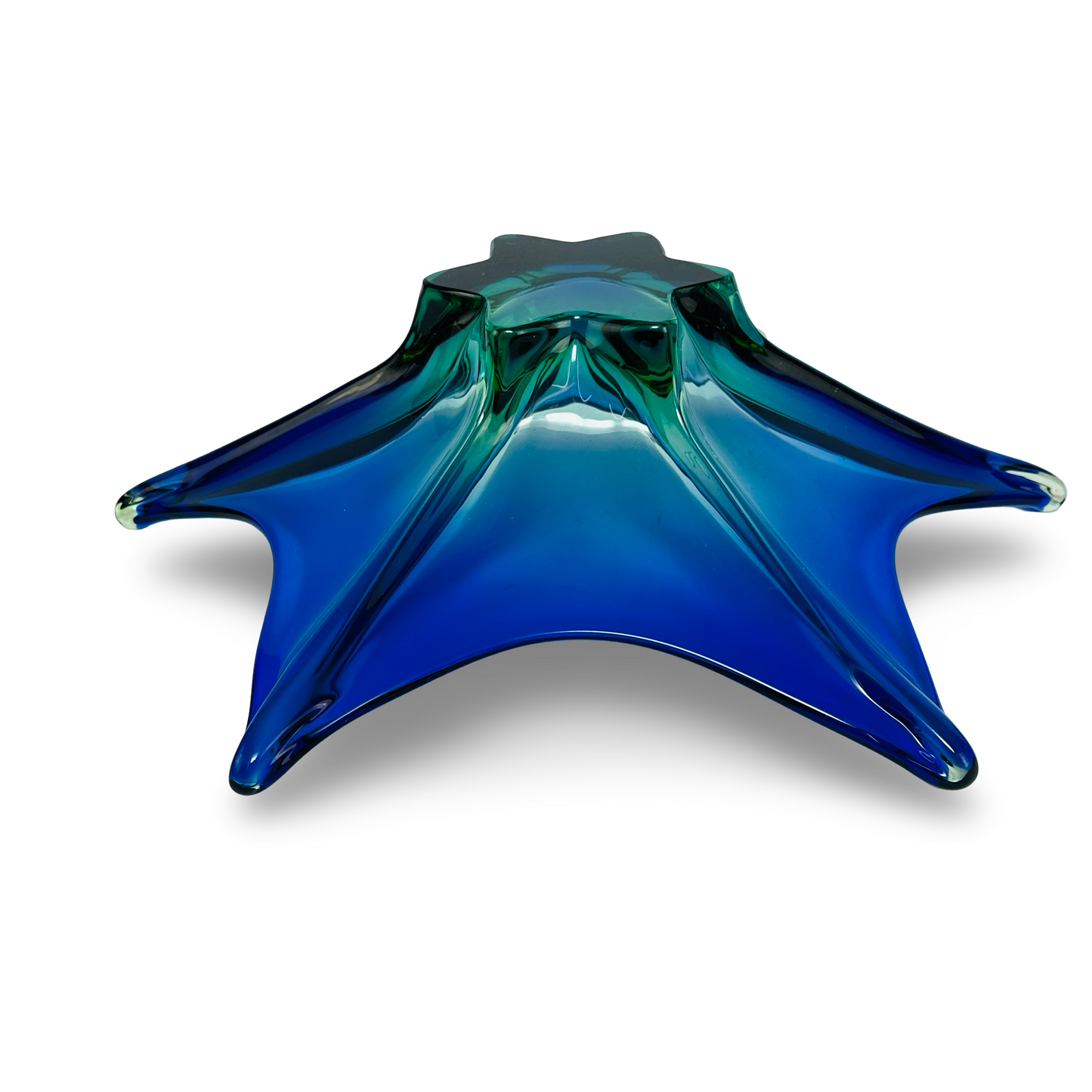 Murano Sommerso Sternschale in Kobalt und Uran-Grün, sechszipflig, 41,5 cm, 1960er/70er