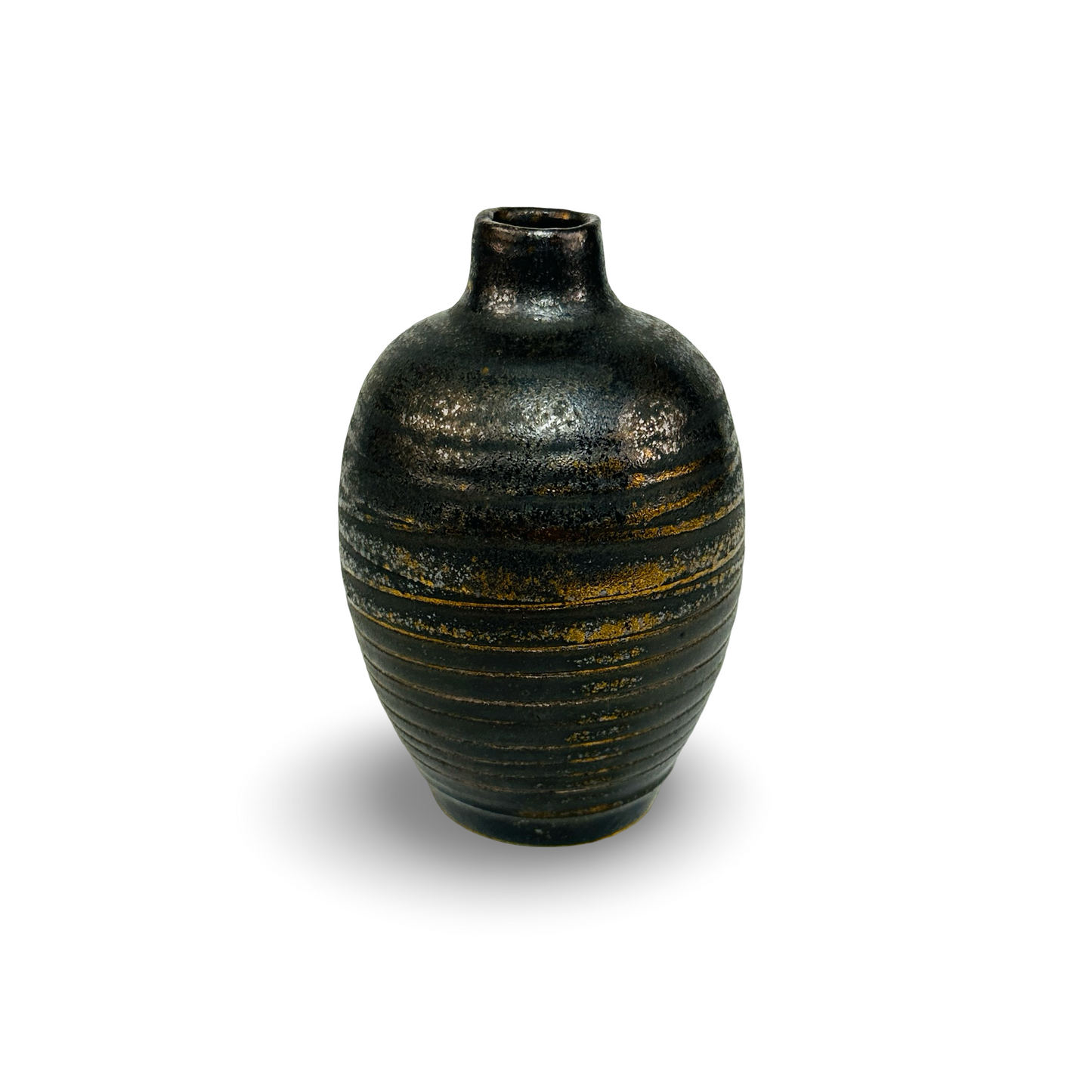 Studiokeramik Miniatur-Vase mit geriffeltem Korpus und schwarz-bronze Metallglasur aus den 1970er Jahren
