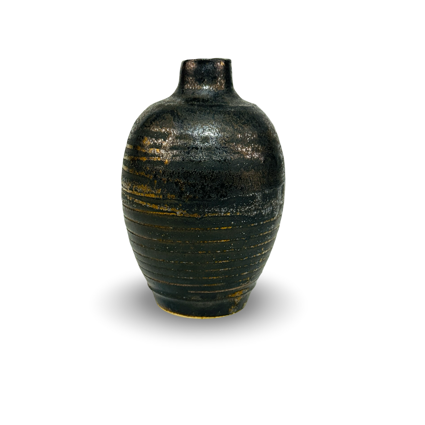 Studiokeramik Miniatur-Vase mit geriffeltem Korpus und Schwarz-Bronze-Glasur aus den 1970er Jahren, signiert