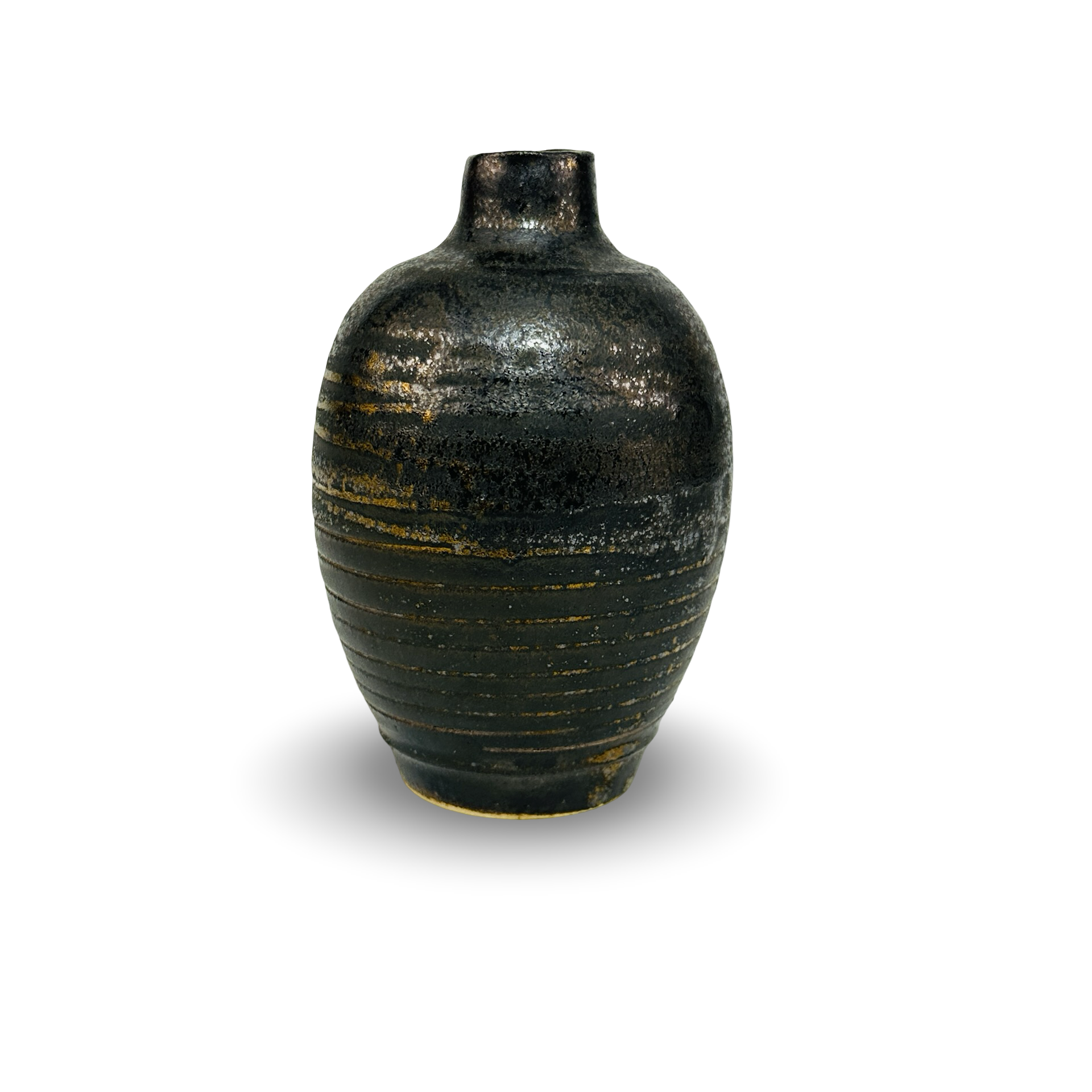 Studiokeramik Miniatur-Vase mit geriffeltem Korpus und Schwarz-Bronze-Glasur aus den 1970er Jahren, signiert