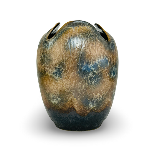 Dümler & Breiden „Studio" Wellenkamm-Vase 053/27 — Rauch-Ocker & Kobalt, handgedreht, Westdeutschland 1960er