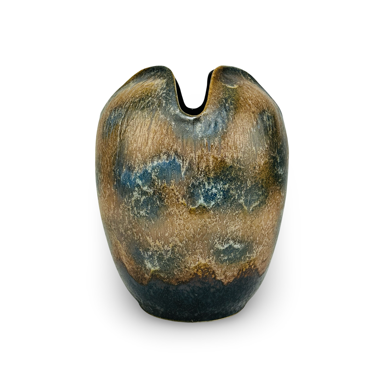 Dümler & Breiden „Studio" Wellenkamm-Vase 053/27 — Rauch-Ocker & Kobalt, handgedreht, Westdeutschland 1960er