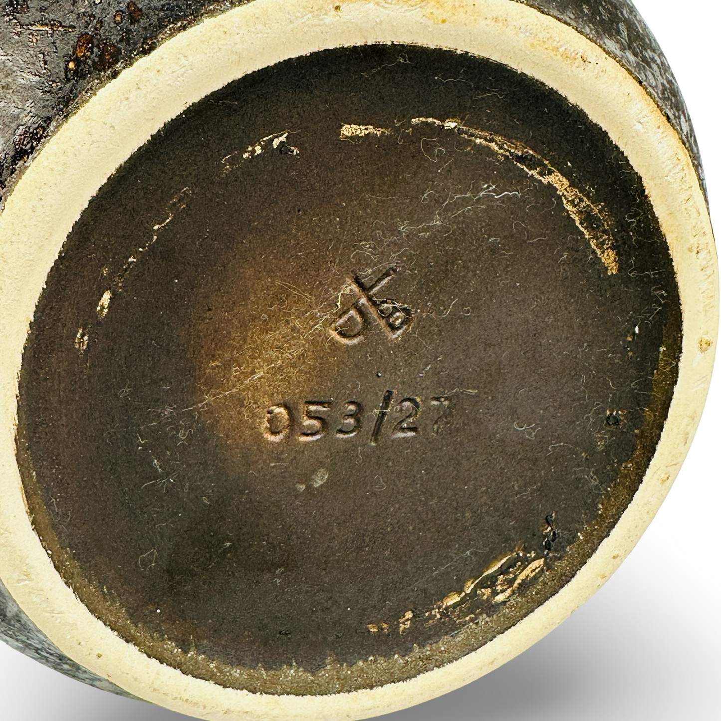 Dümler & Breiden „Studio" Wellenkamm-Vase 053/27 — Rauch-Ocker & Kobalt, handgedreht, Westdeutschland 1960er