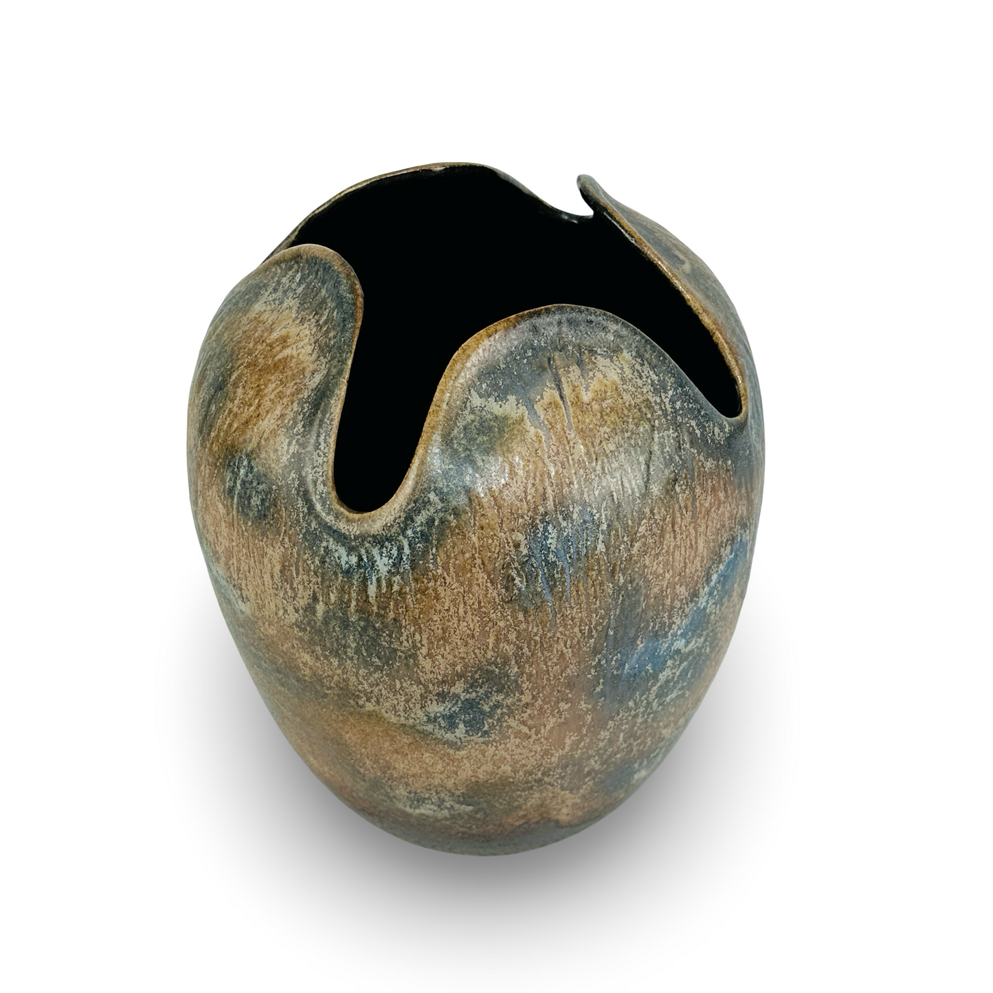 Dümler & Breiden „Studio" Wellenkamm-Vase 053/27 — Rauch-Ocker & Kobalt, handgedreht, Westdeutschland 1960er