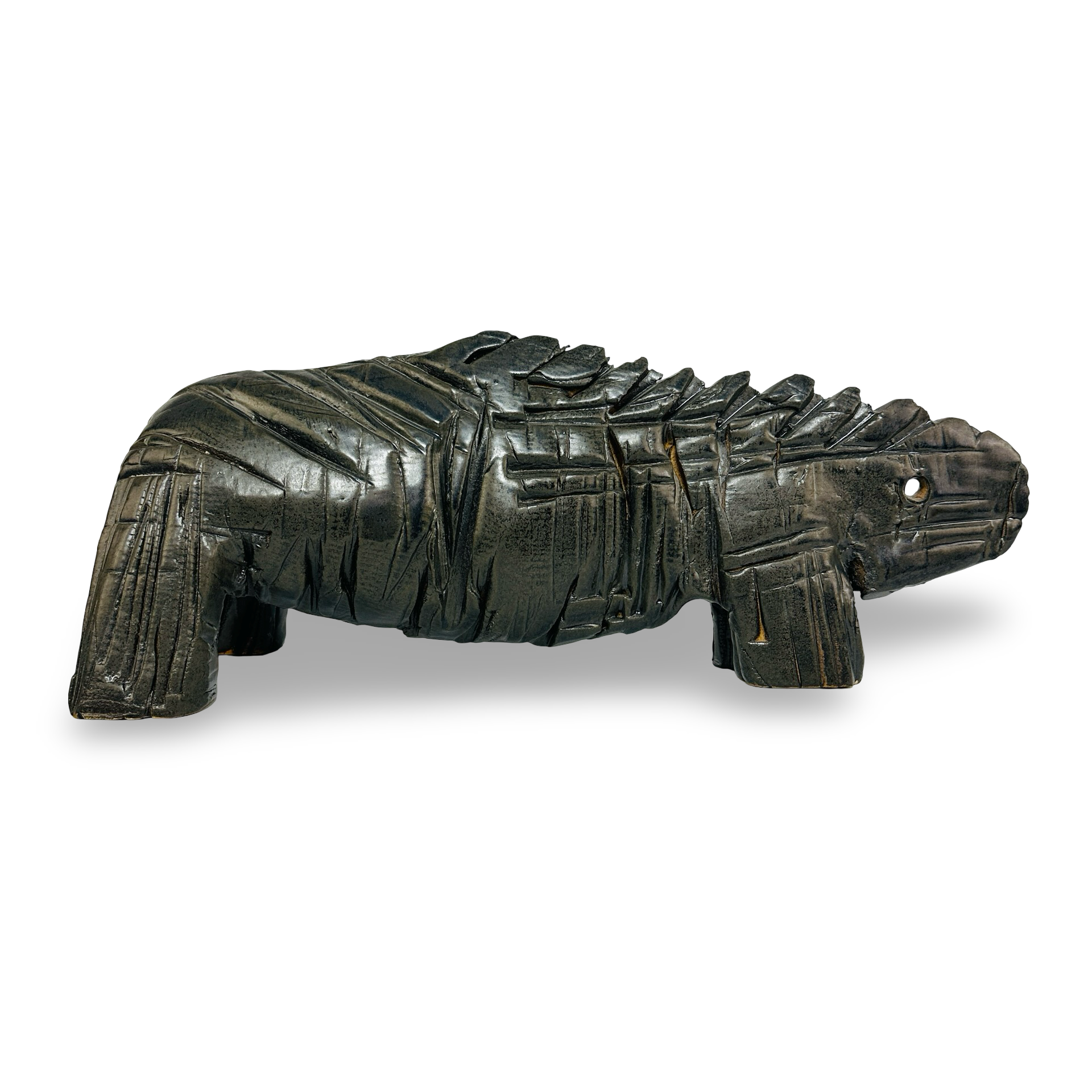 Monumentale Studiokeramik Skulptur Rhinozeros aus französischem Grès mit schwarzer Mosset-Signatur und blauschwarzer Ascheglasur