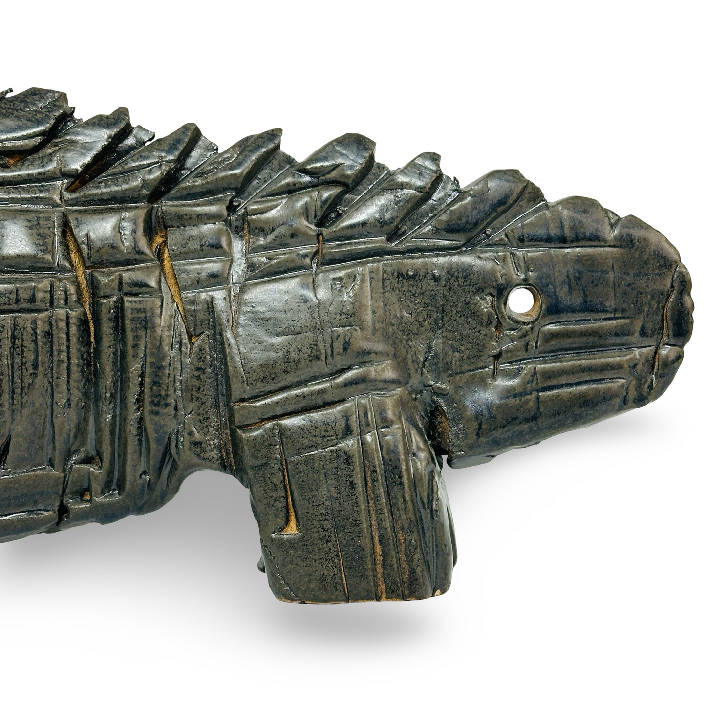 Studiokeramik-Skulptur eines Rhinozeros aus französischem Grès mit metallisch schimmernder Ascheanflug-Glasur und Signatur „Mosset“ aus den 1970er/80er Jahren