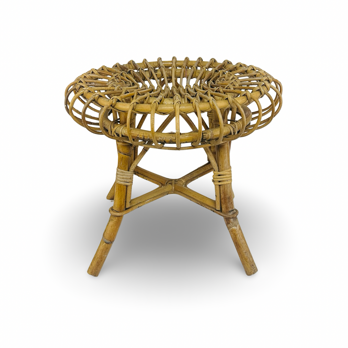 Italienischer Bambus-Rattan-Hocker im Stil Franco Albini für Bonacina, runde Sunburst-Sitzfläche, 1960er