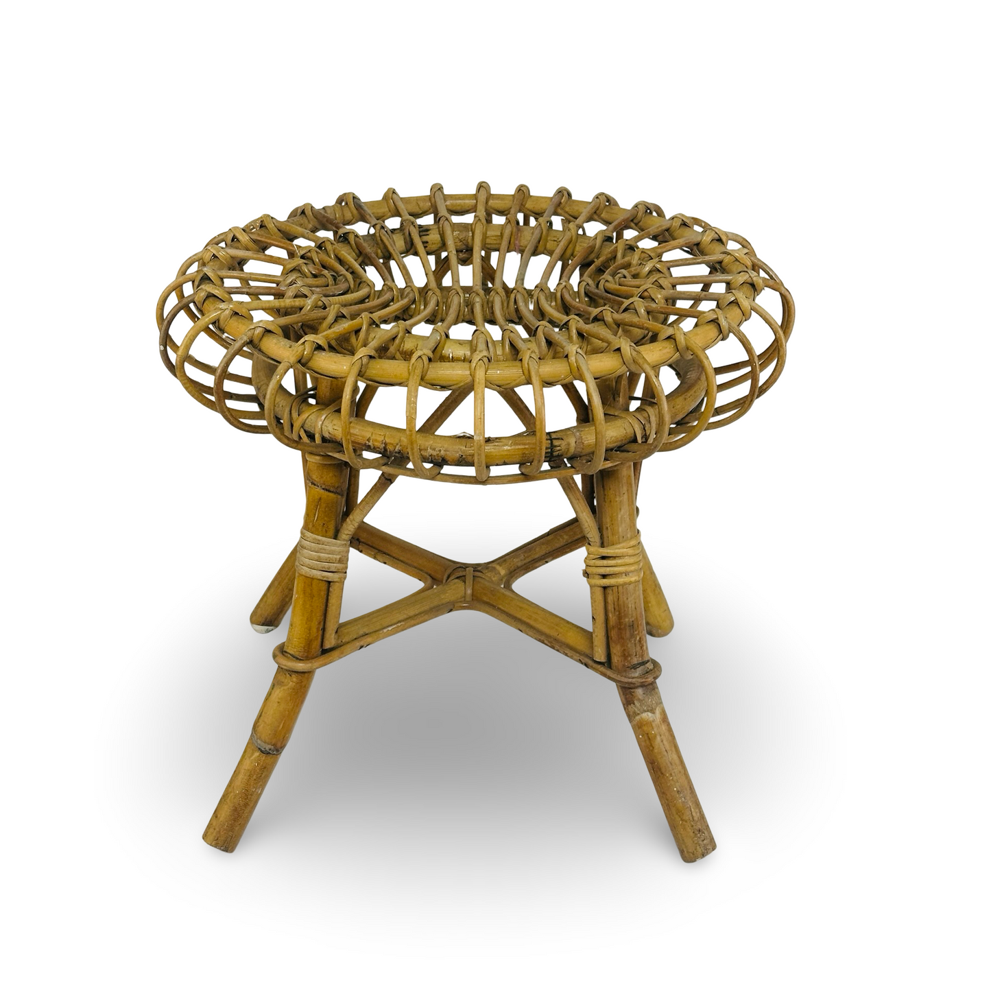 Italienischer Bambus-Rattan-Hocker im Stil Franco Albini für Bonacina, runde Sunburst-Sitzfläche, 1960er