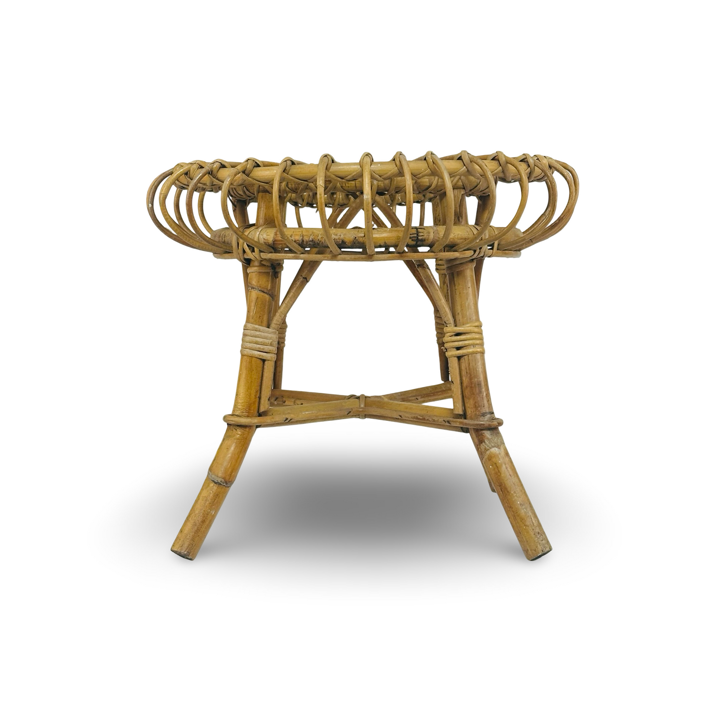Italienischer Bambus-Rattan-Hocker im Stil Franco Albini für Bonacina, runde Sunburst-Sitzfläche, 1960er