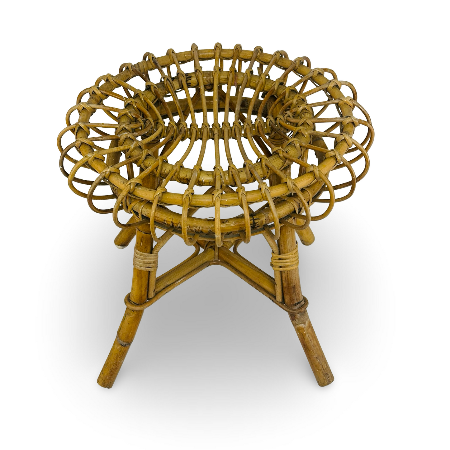 Italienischer Bambus-Rattan-Hocker im Stil Franco Albini für Bonacina, runde Sunburst-Sitzfläche, 1960er